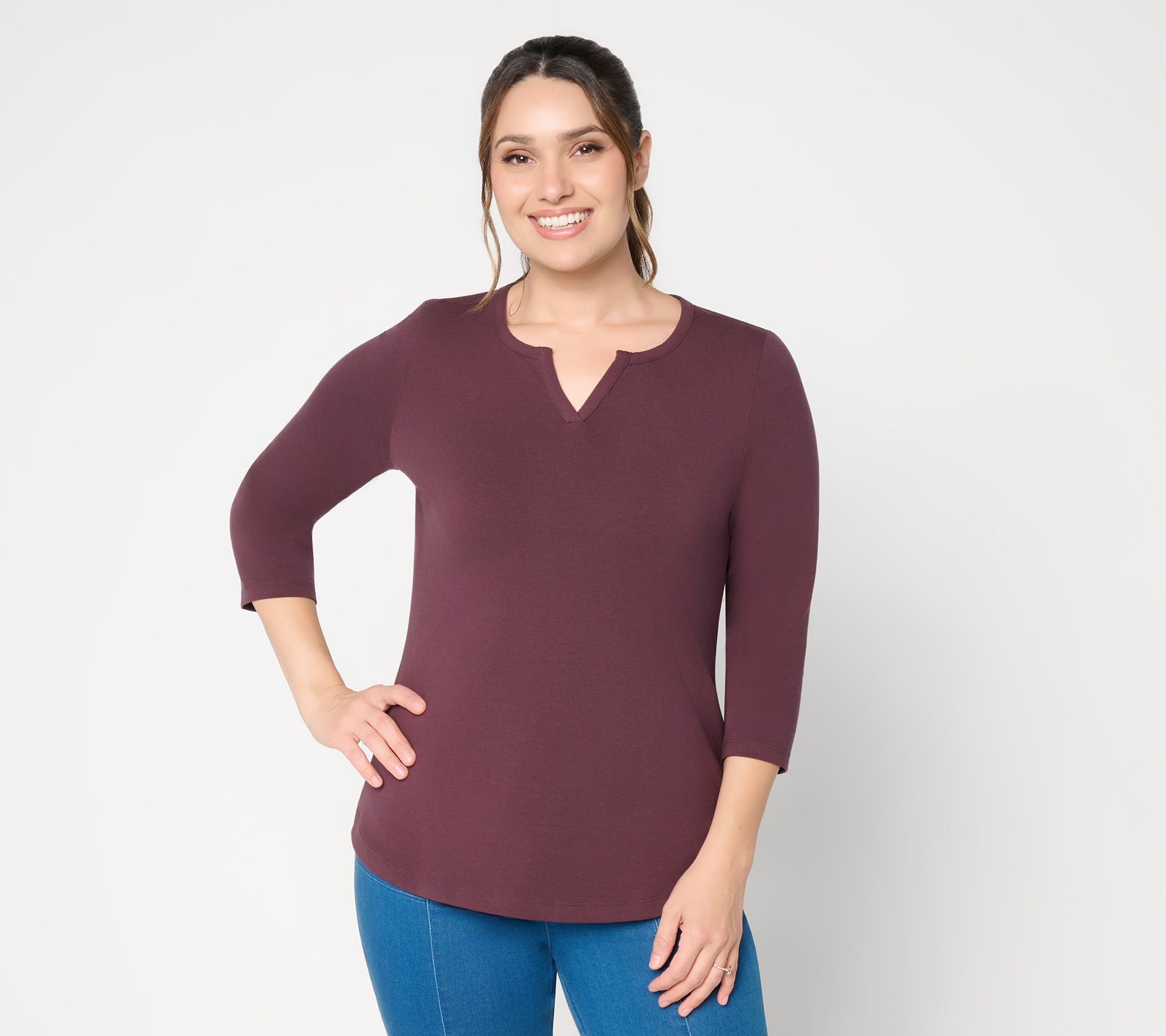 Denim & Co. Essentials Perfect Jersey Split Neck 3/4-Sleeve Top