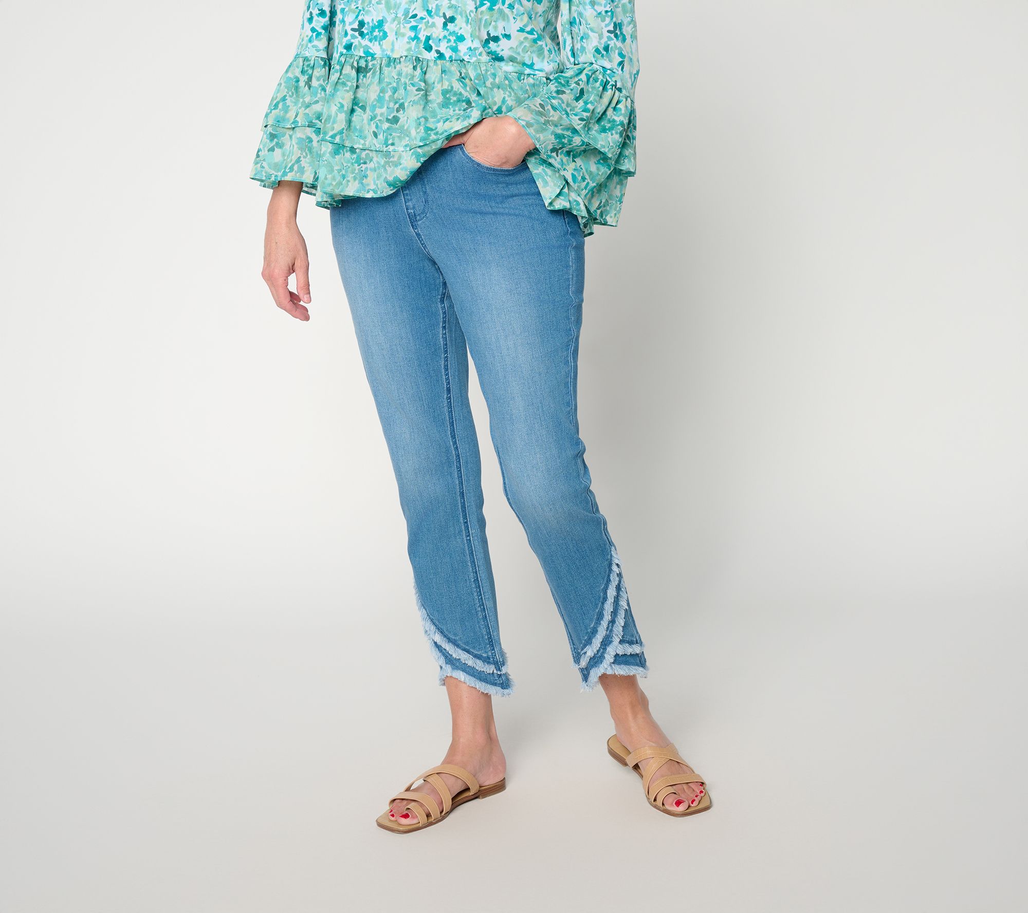 "As Is" Susan Graver Stretch Denim Petite Slim Leg Jean with Tulip Hem