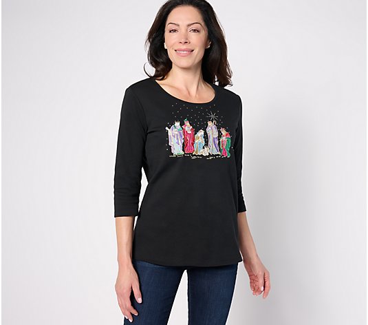 Quacker Factory All is Bright Holiday Bling 3/4 Sleeve T-shirt