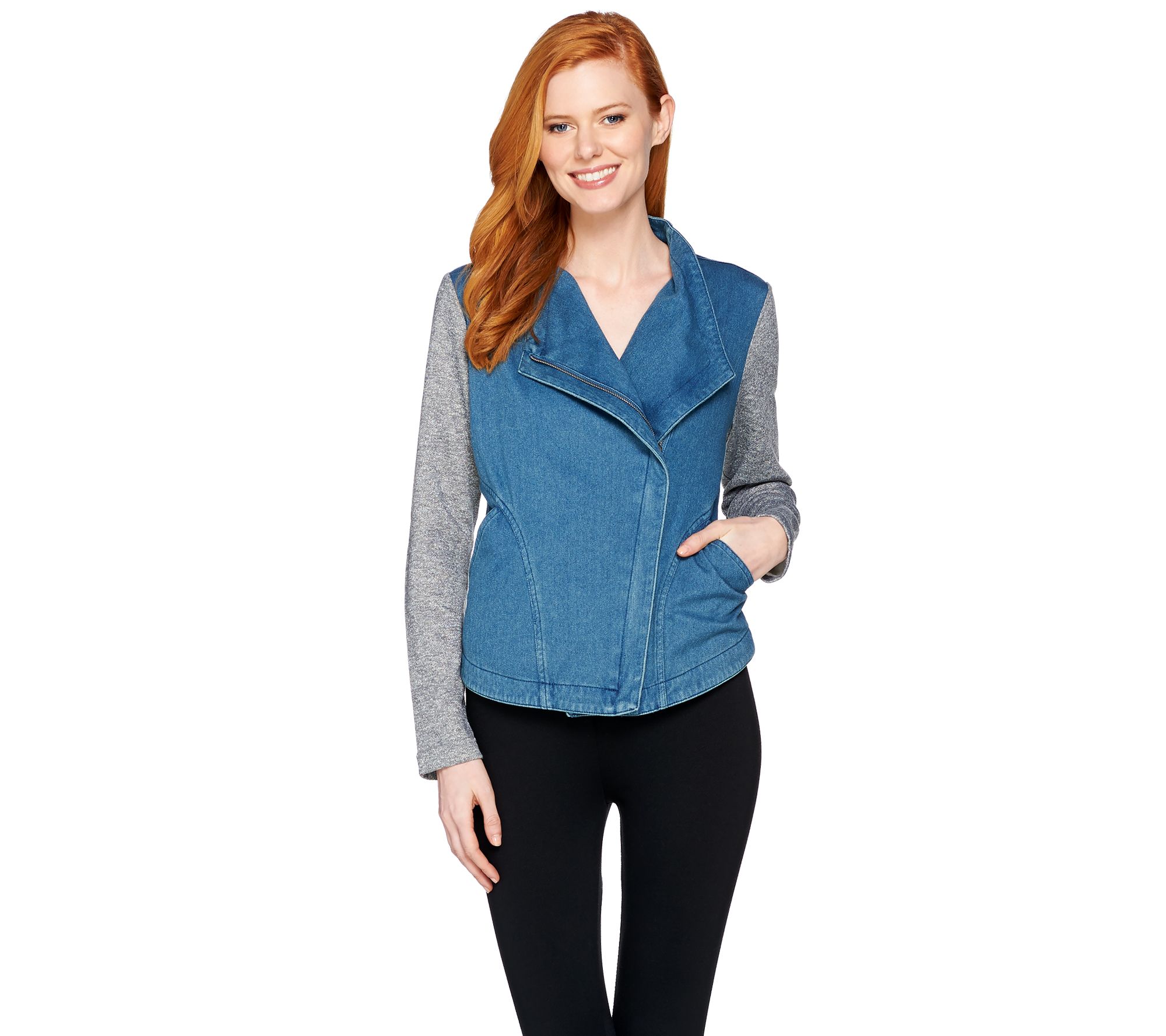 Lisa Rinna Collection Denim Jacket with French Terry Sleeves - QVC.com