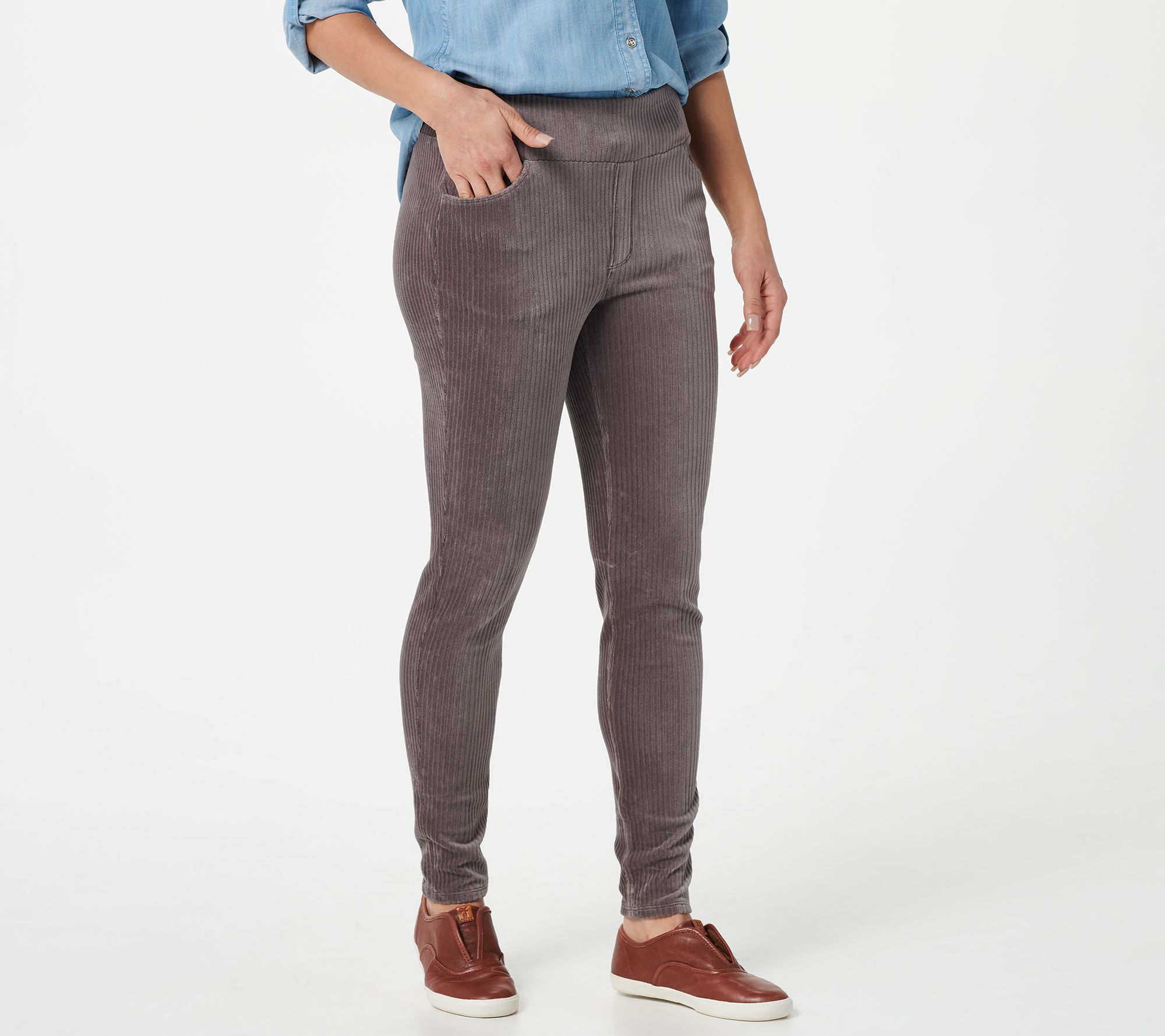 Denim & Co. Petite Smooth Waist Knit Cord Leggings with Pockets 