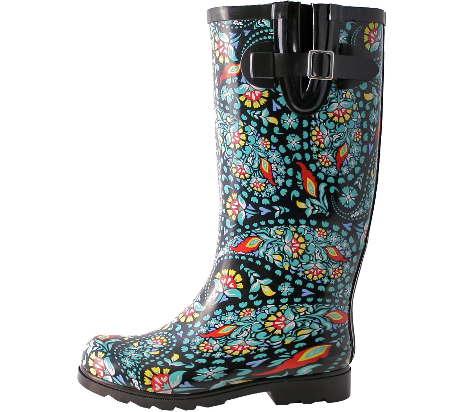 Nomad Rubber Black & Green Paisley Rain Boots -Puddles - QVC.com