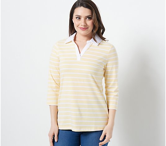 Denim & Co. Striped Perfect Jersey 3/4-Sleeve Polo Collar Top