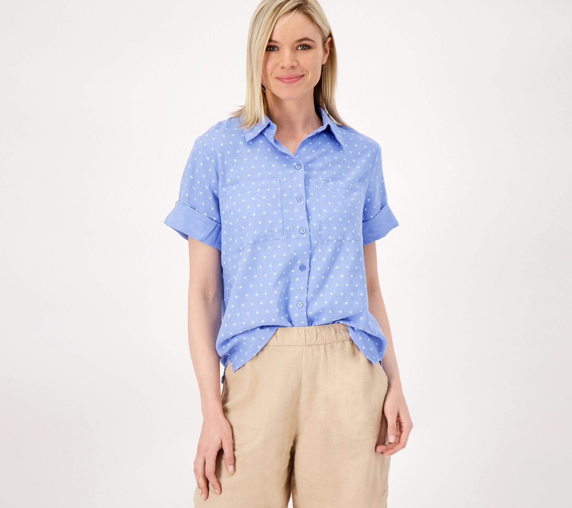 Joan Rivers Linen Short Sleeve Star Print Shirt