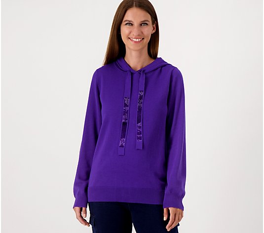 Quacker Factory Sparkle and Shine Tie Front Hooded Sweater