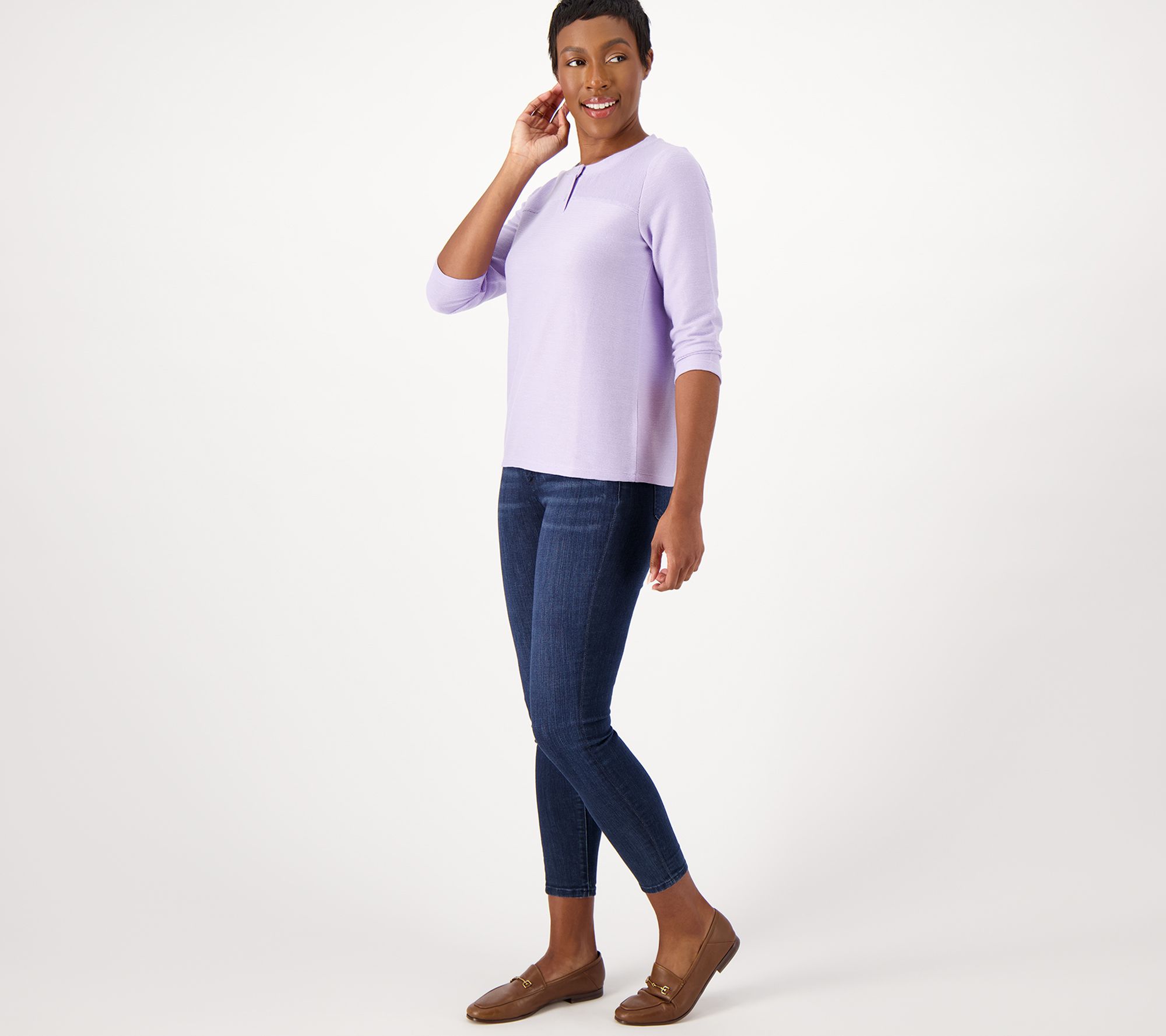 AnyBody Jacquard Slub Knit Henley Top - QVC.com