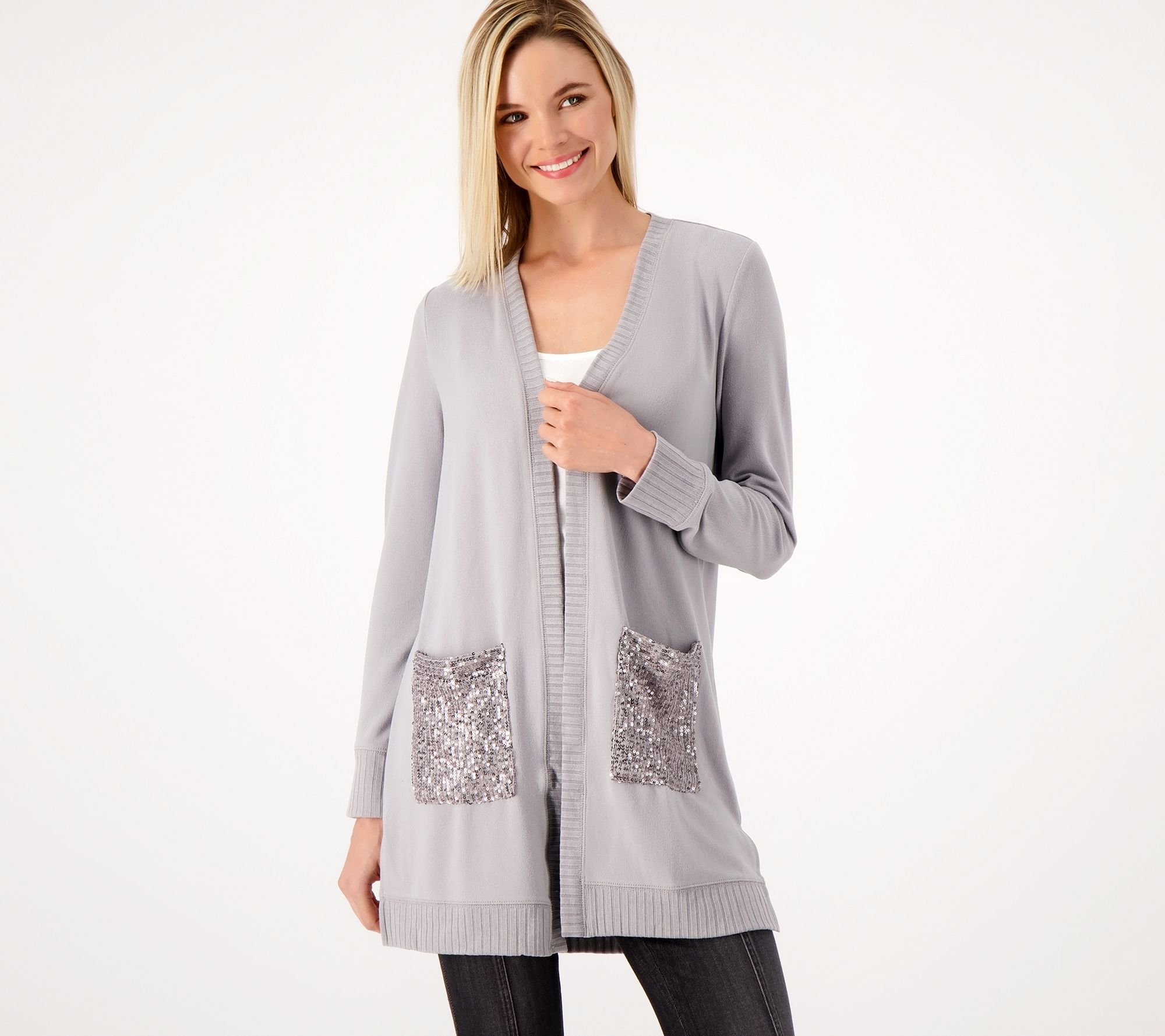 "As Is" Belle by Kim Gravel Sequin Pocket Brushed Knit Duster Cardigan