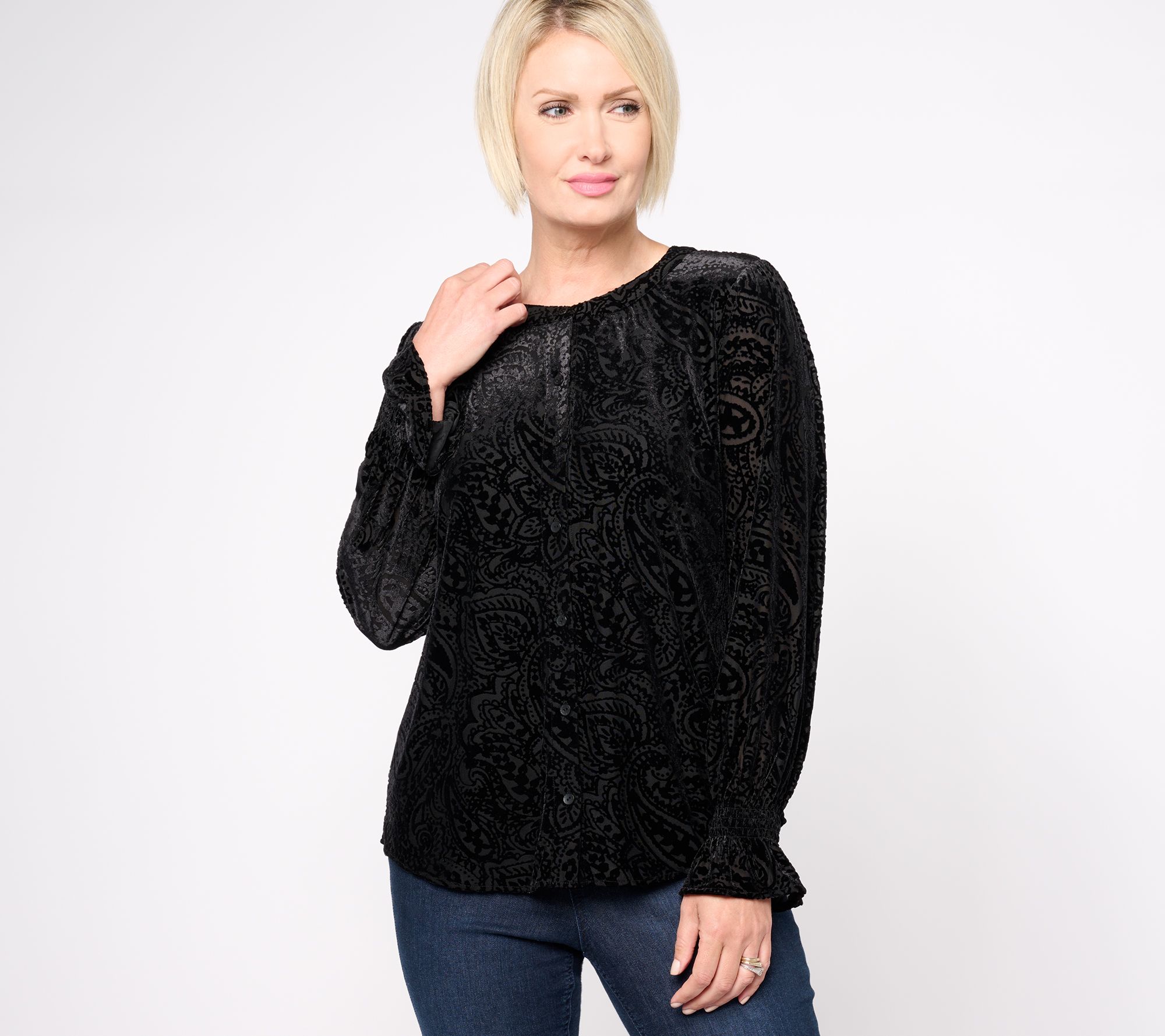 Isaac Mizrahi Live! Burnout Velvet Button Front Top w/ High Low Hem