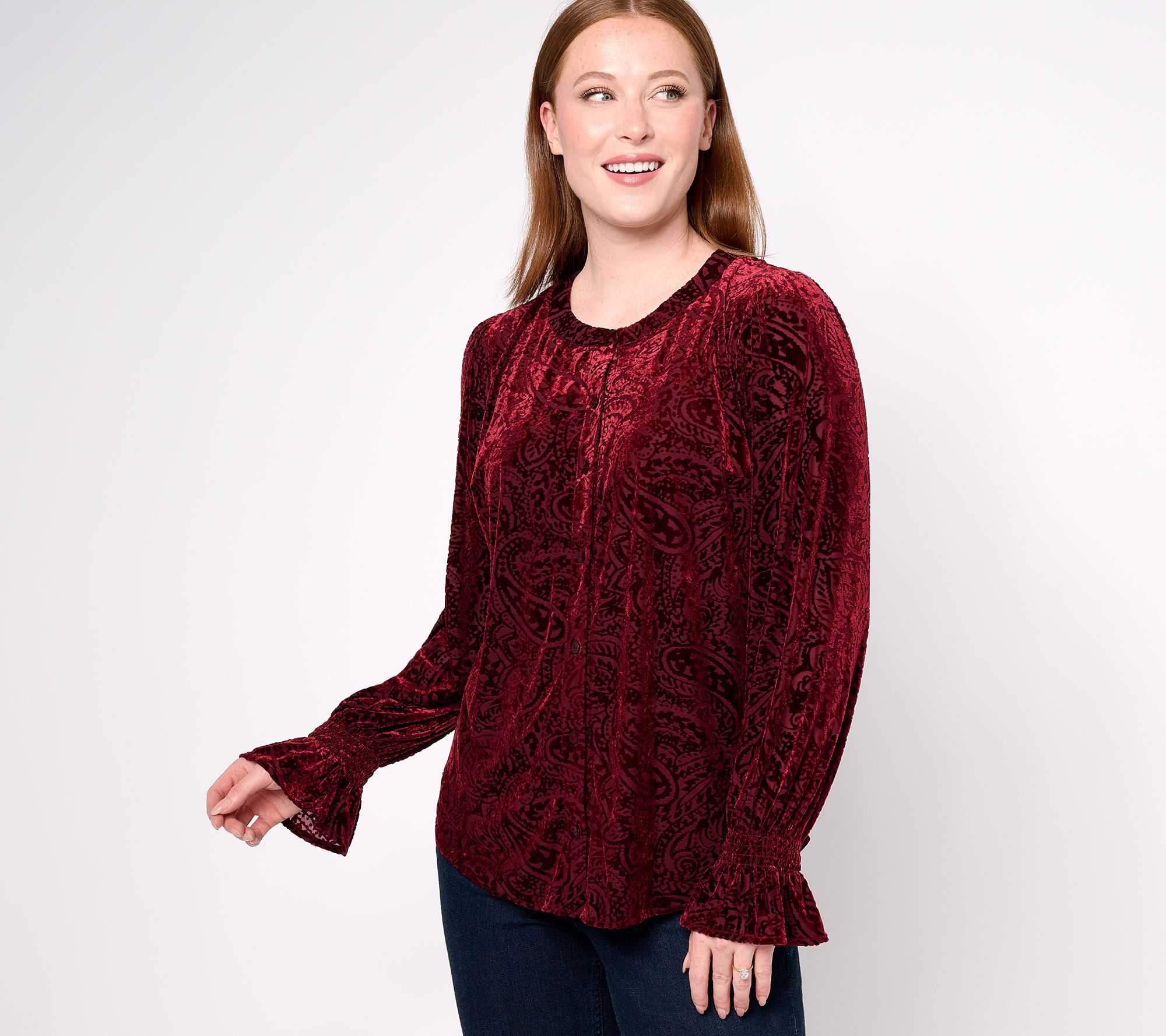 Isaac Mizrahi Live! Burnout Velvet Button Front Top w/ High Low Hem