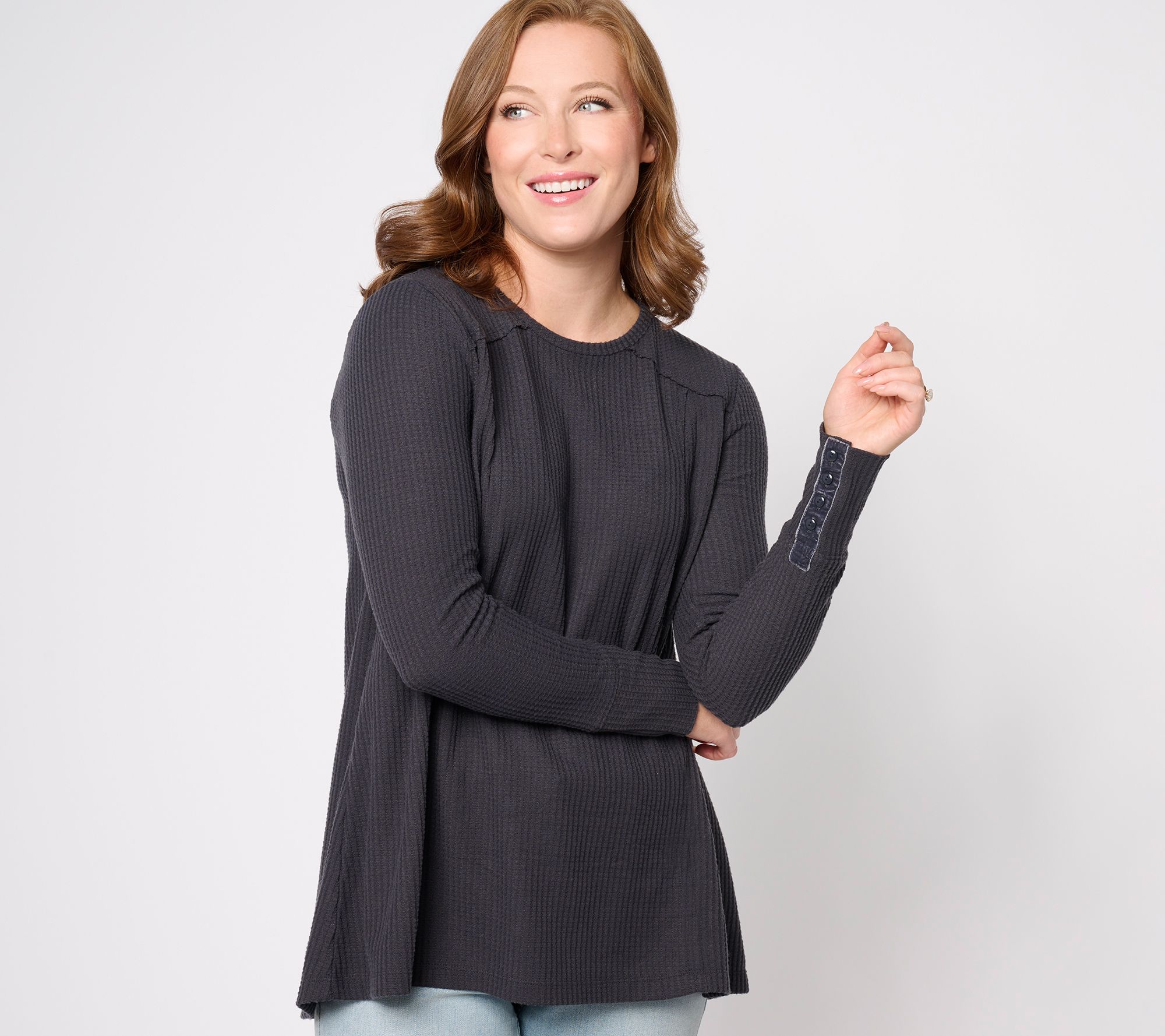 Denim & Co. Canyon Retreat Velvet Detail Long Sleeve Waffle Top