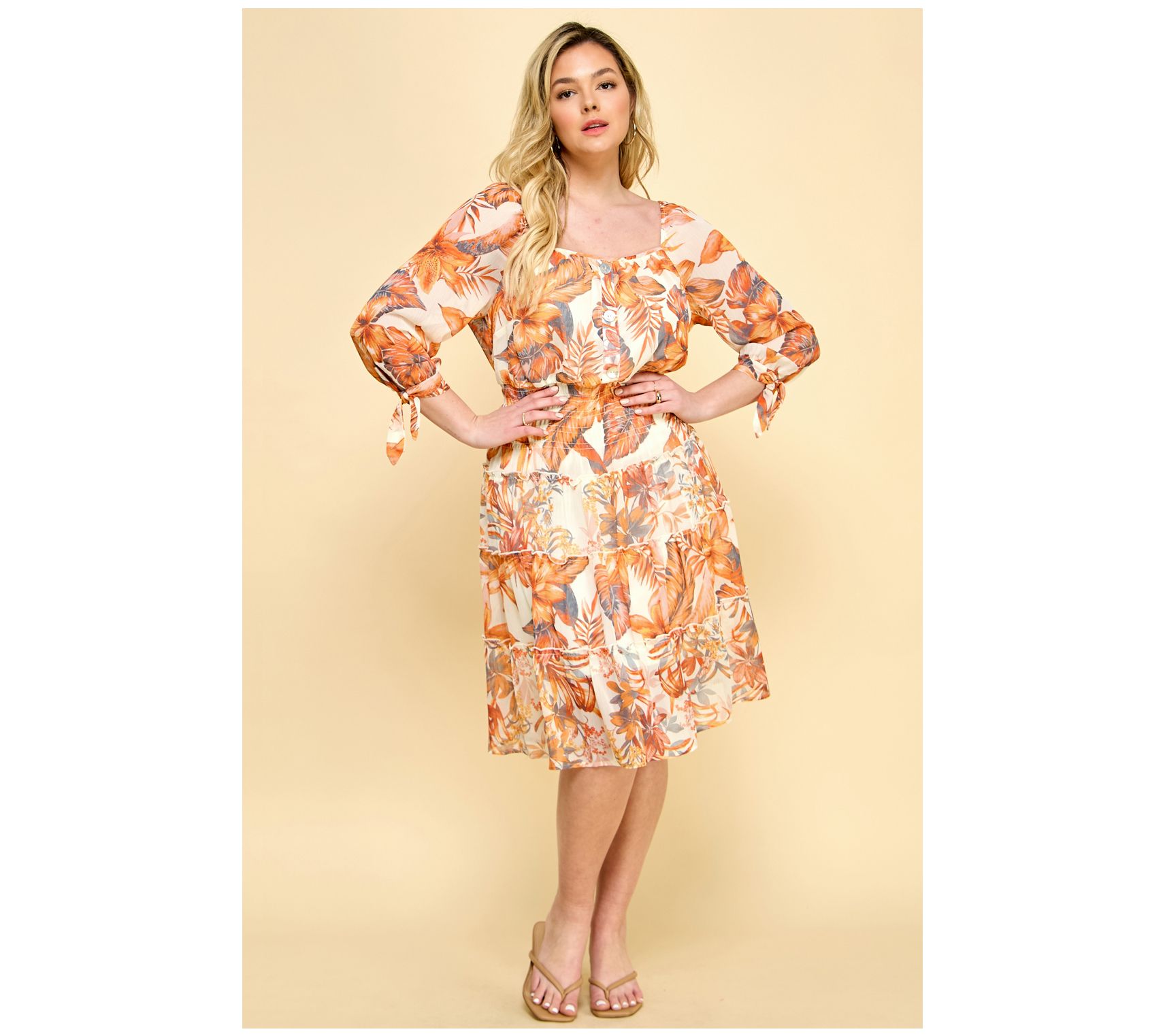 Neon Buddha Ora nge Printed Smo cked Midi Dress - Plus - QVC.com