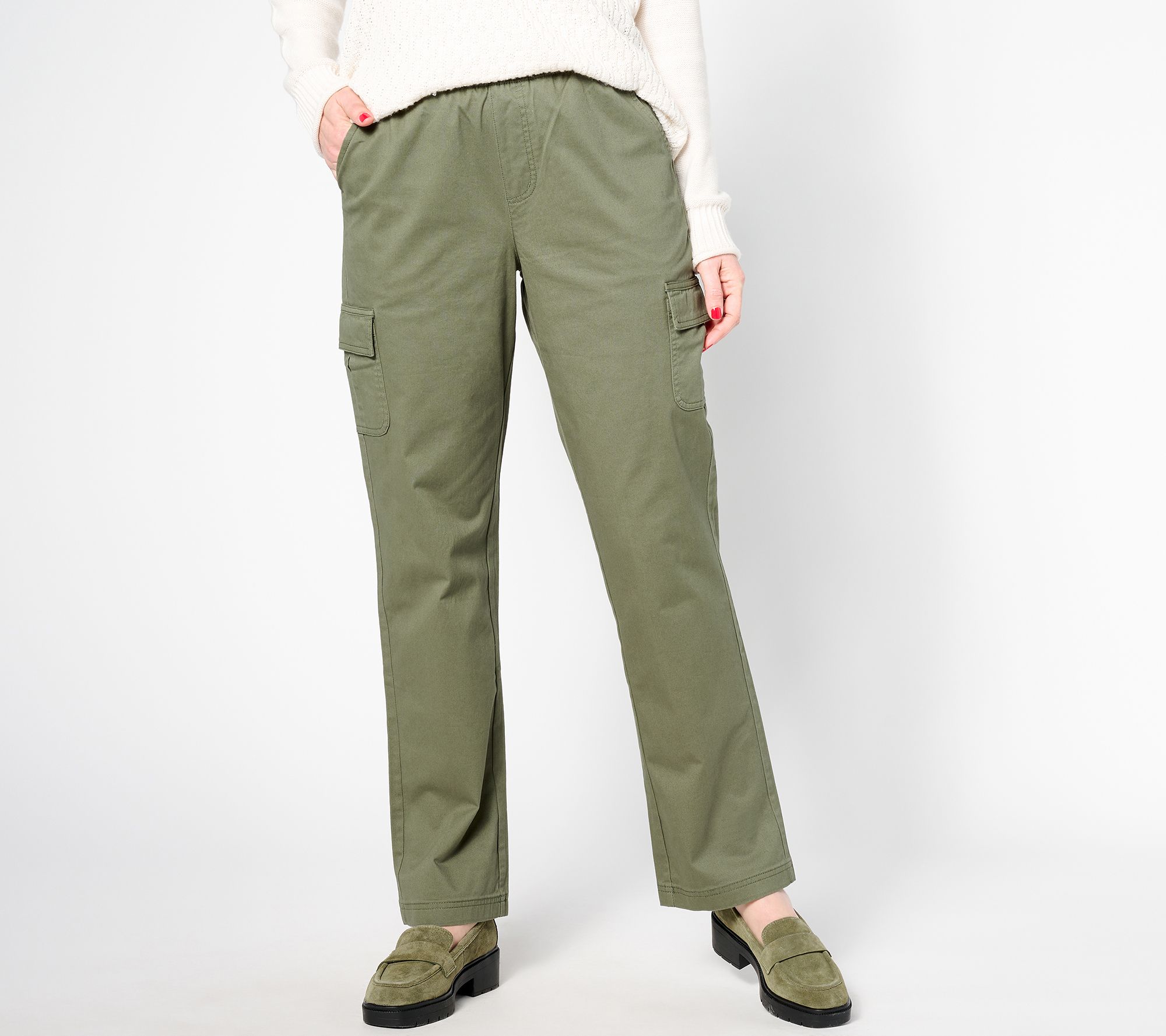 Denim & Co. Petite EasyWear Twill Pull-On Cargo Straight Leg Pants