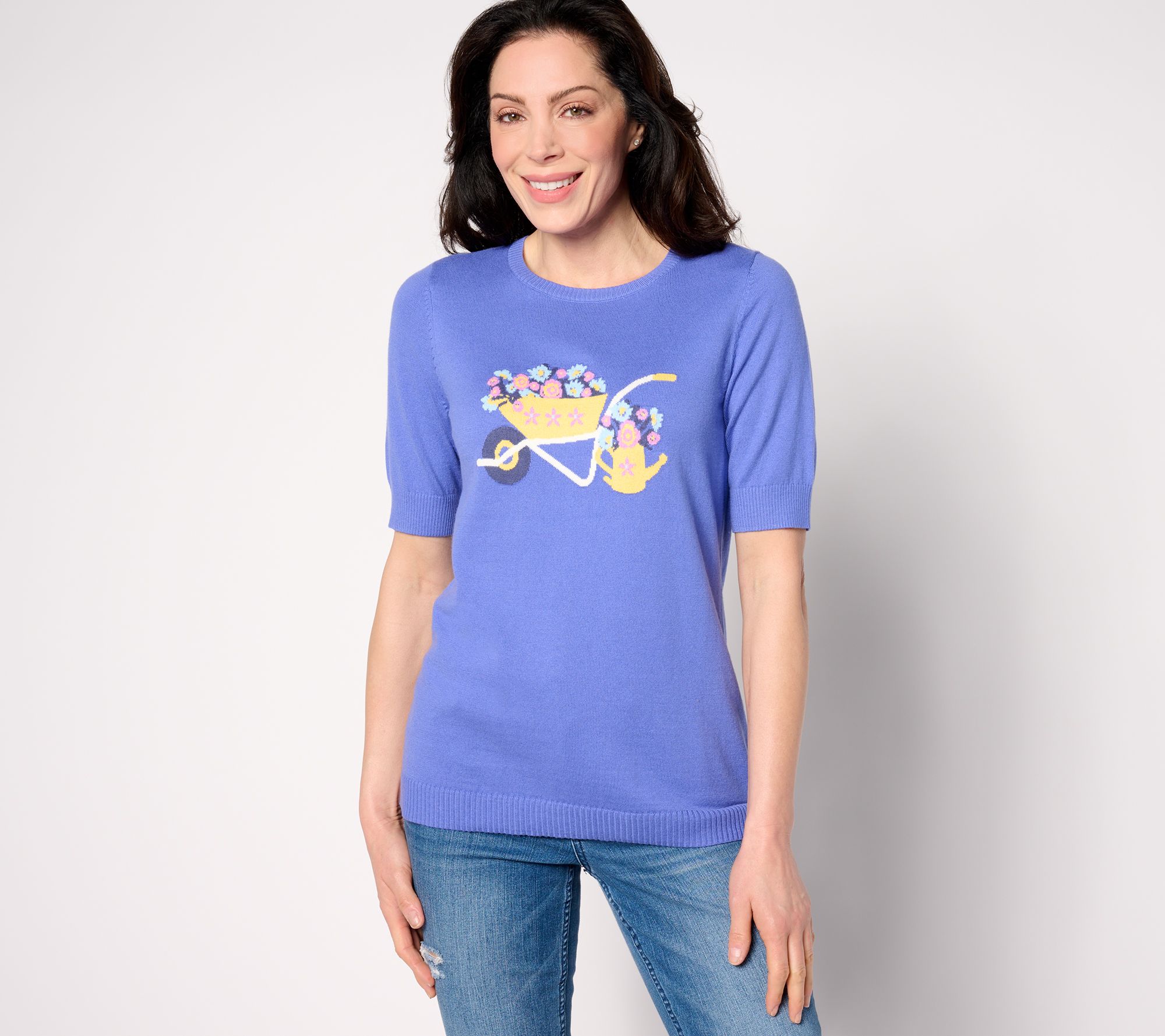 Denim & Co. Crew Neck Elbow Sleeve Sweater with Intarsia