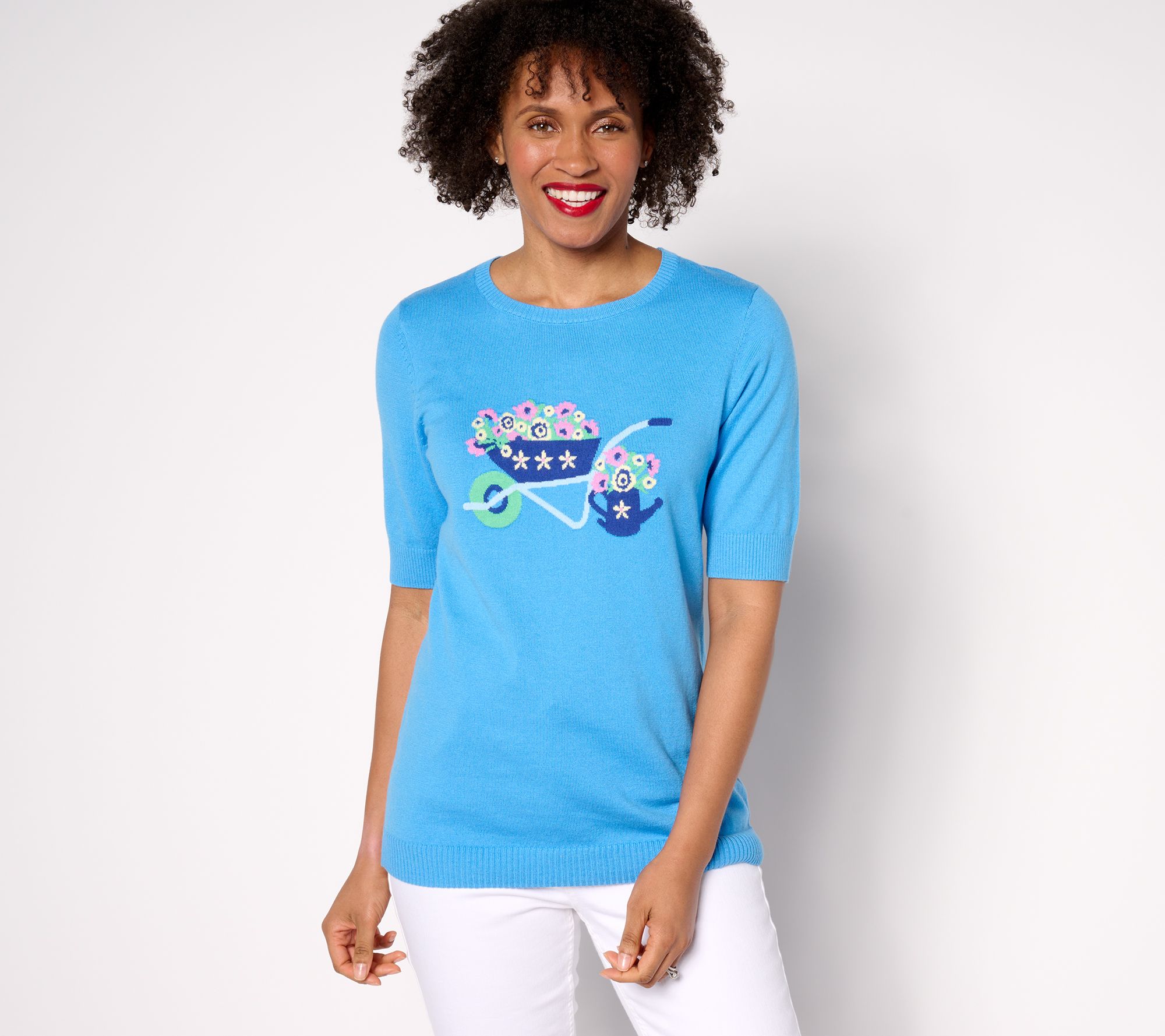 Denim & Co. Crew Neck Elbow Sleeve Sweater with Intarsia