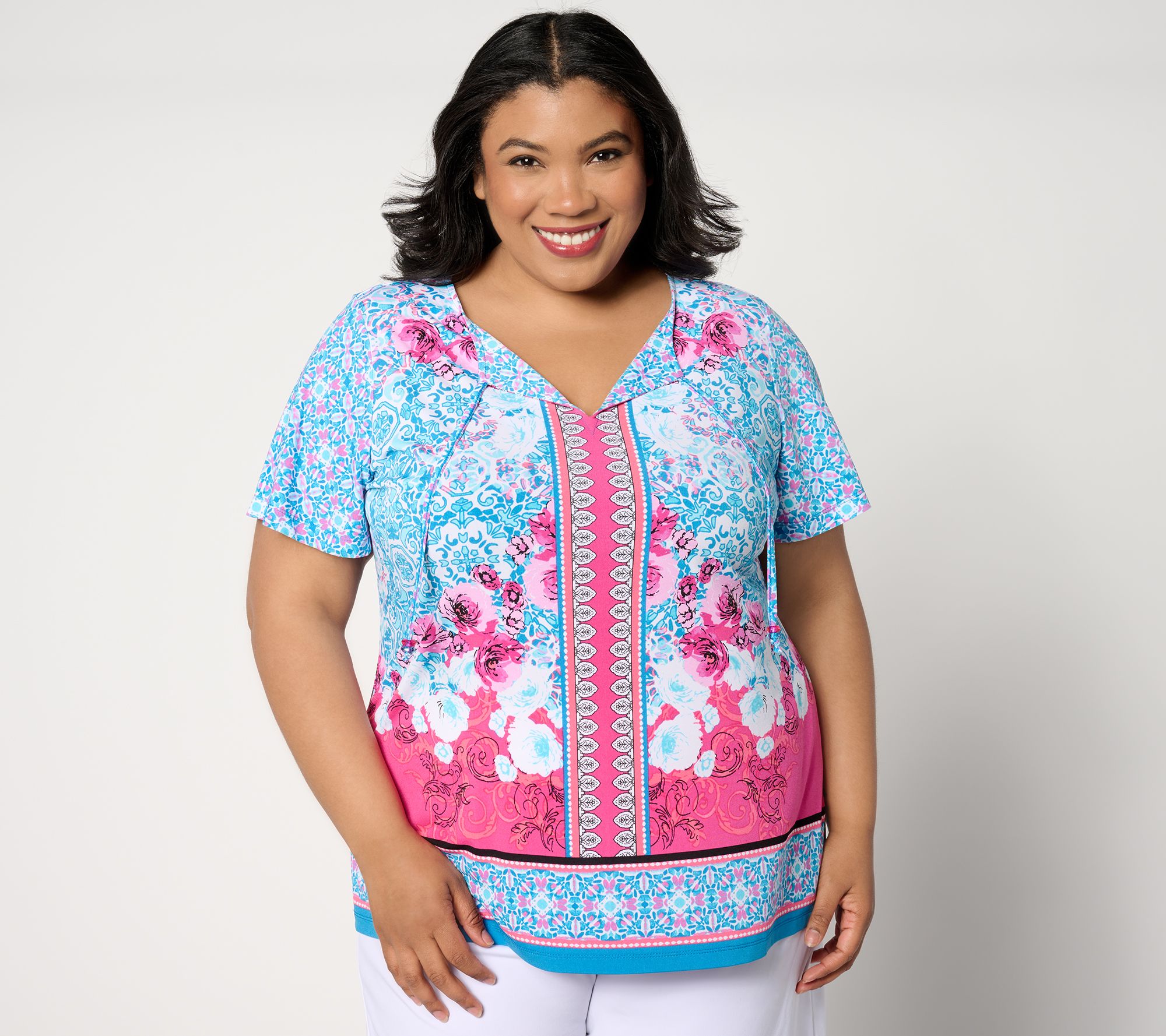 Susan Graver Printed Liquid Knit Top with Cut-out V-Neckline