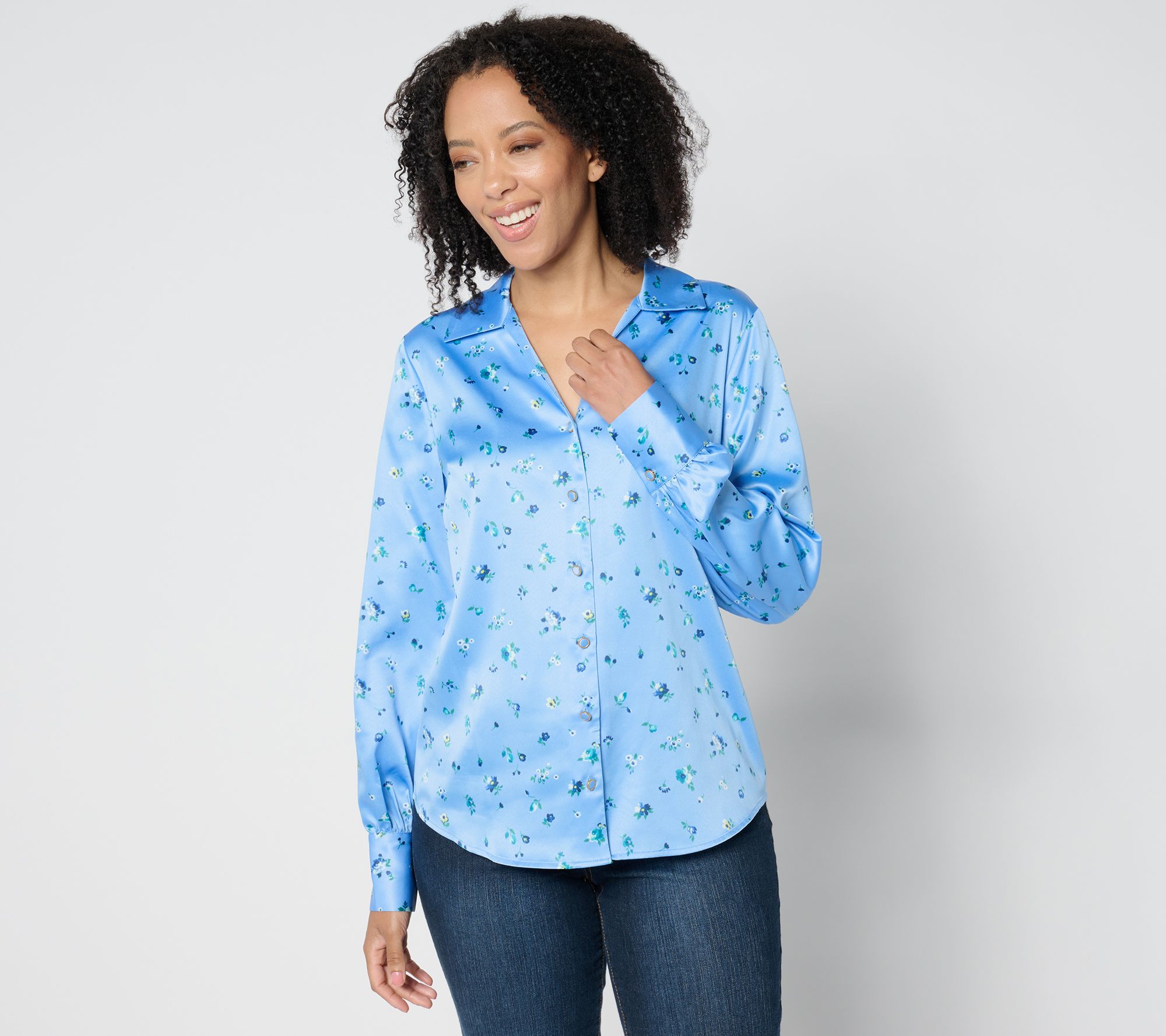 Isaac Mizrahi Live! Estate Printed Stretch Sateen Button Front Blouse