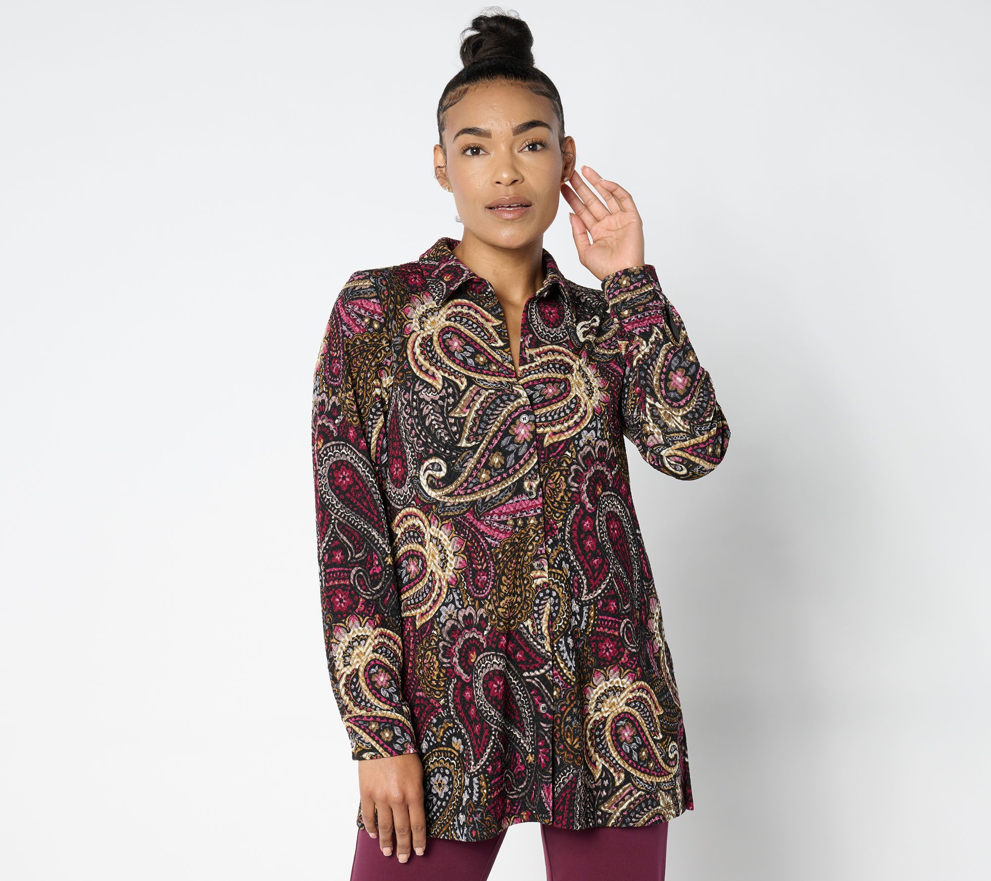 Susan Graver Regular Printed Novelty Knit Button-Front A-Line Tunic