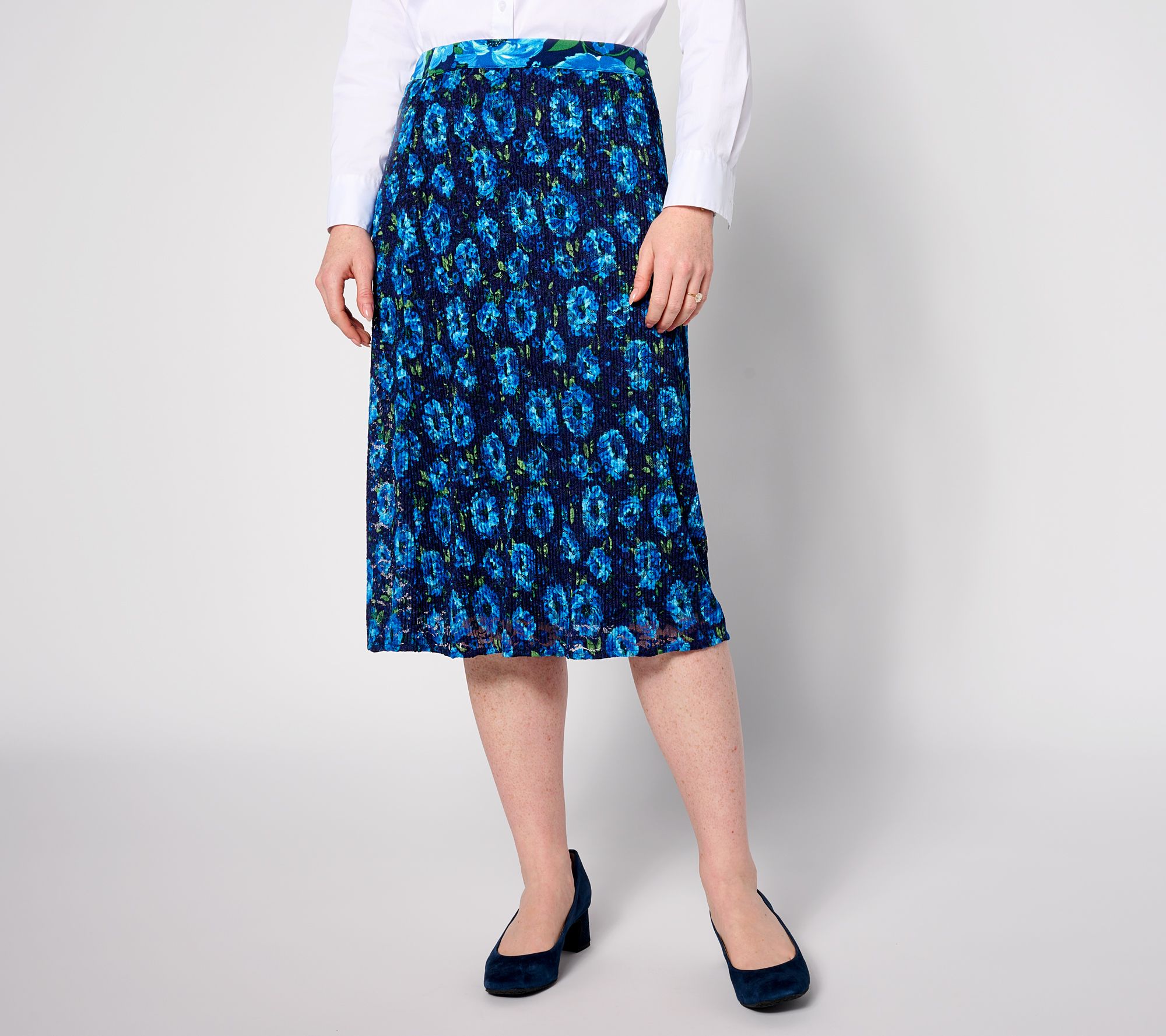 "As Is" Isaac Mizrahi Live! Petite Printed Lace Pleated Midi Skirt