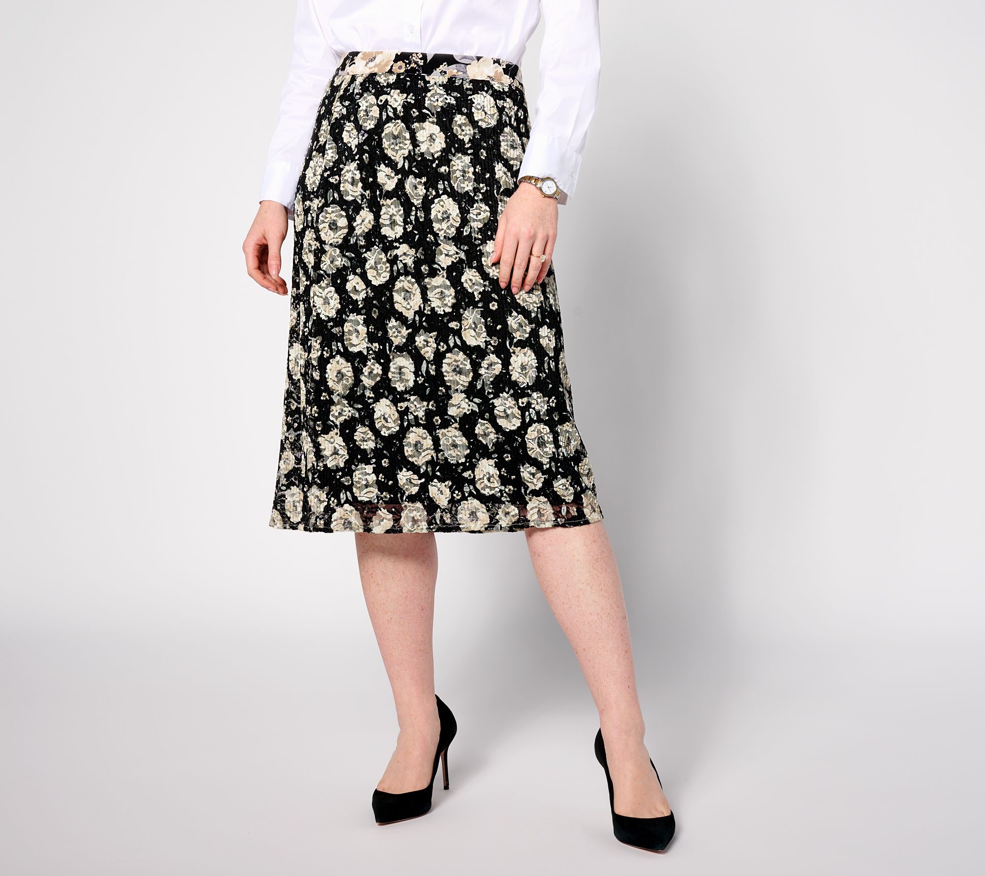 "As Is" Isaac Mizrahi Live! Petite Printed Lace Pleated Midi Skirt