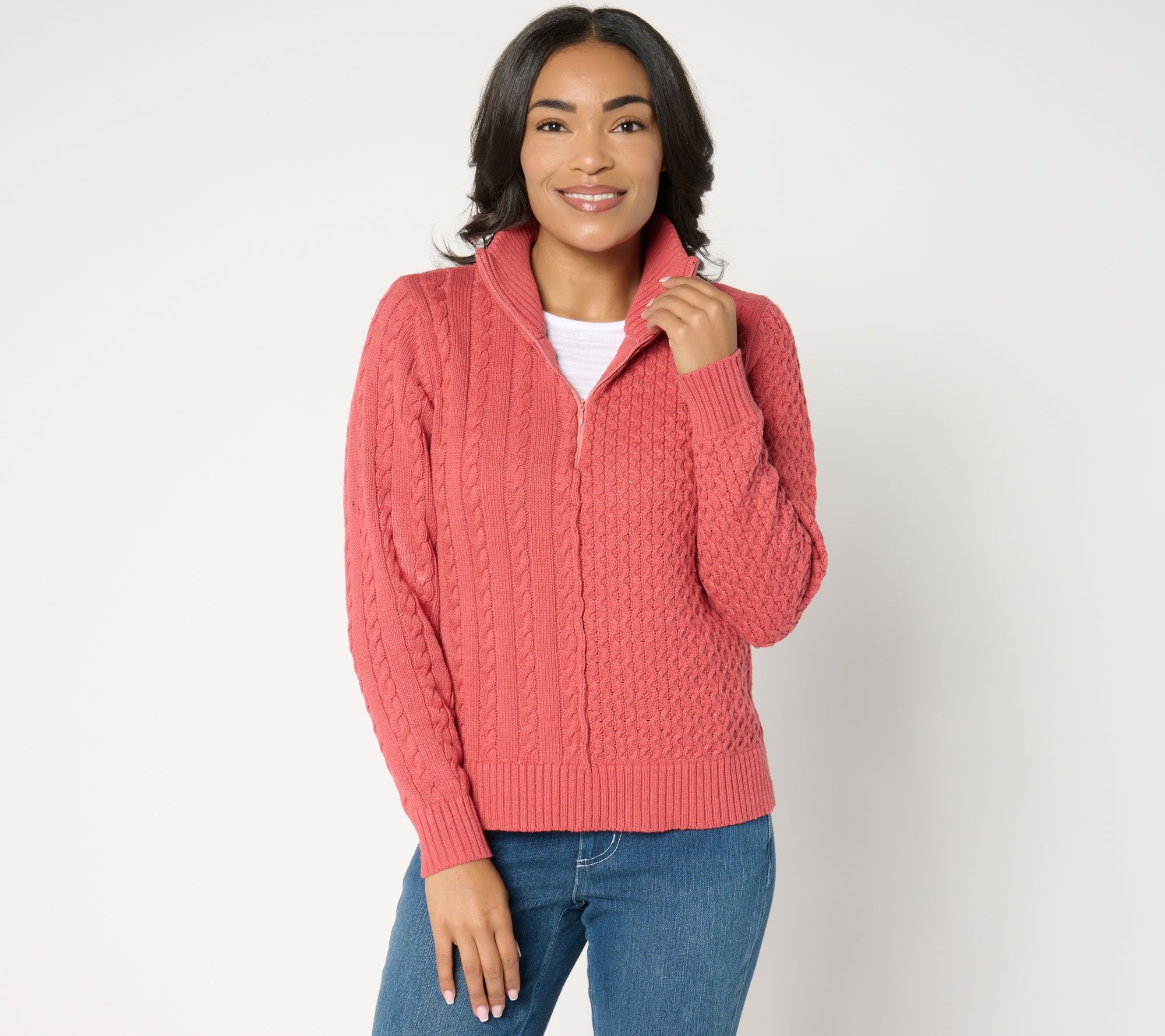 AnyBody Mixed Stitch Half Zip Sweater with Side Slits - QVC.com