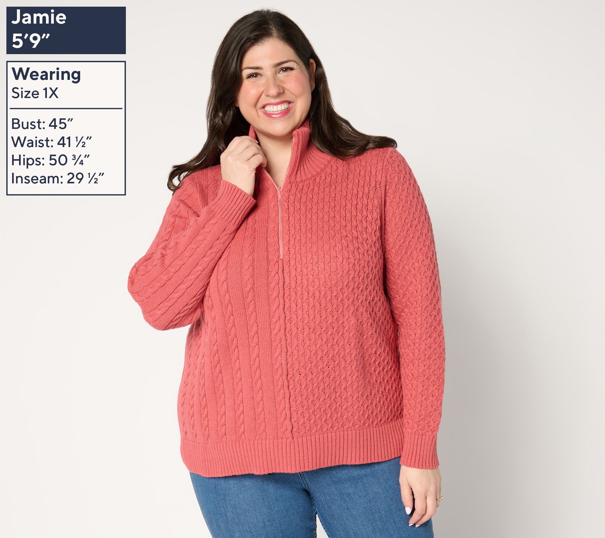 AnyBody Mixed Stitch Half Zip Sweater with Side Slits - QVC.com