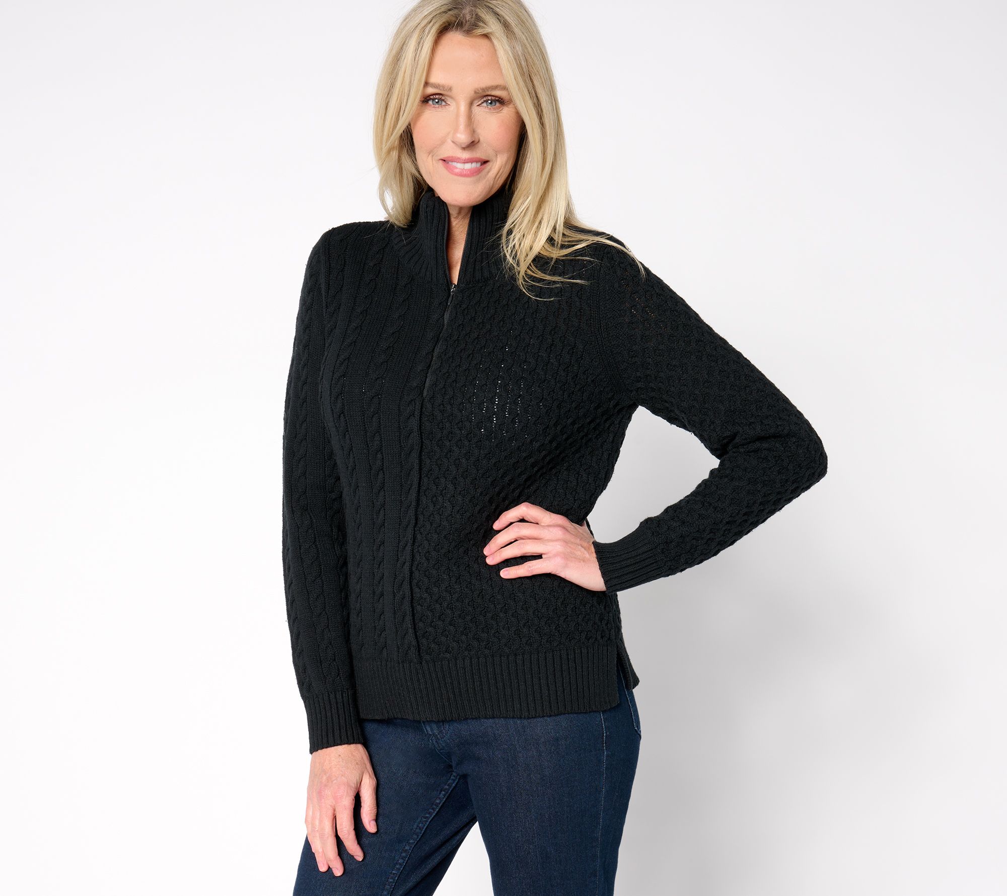 AnyBody Mixed Stitch Half Zip Sweater with Side Slits