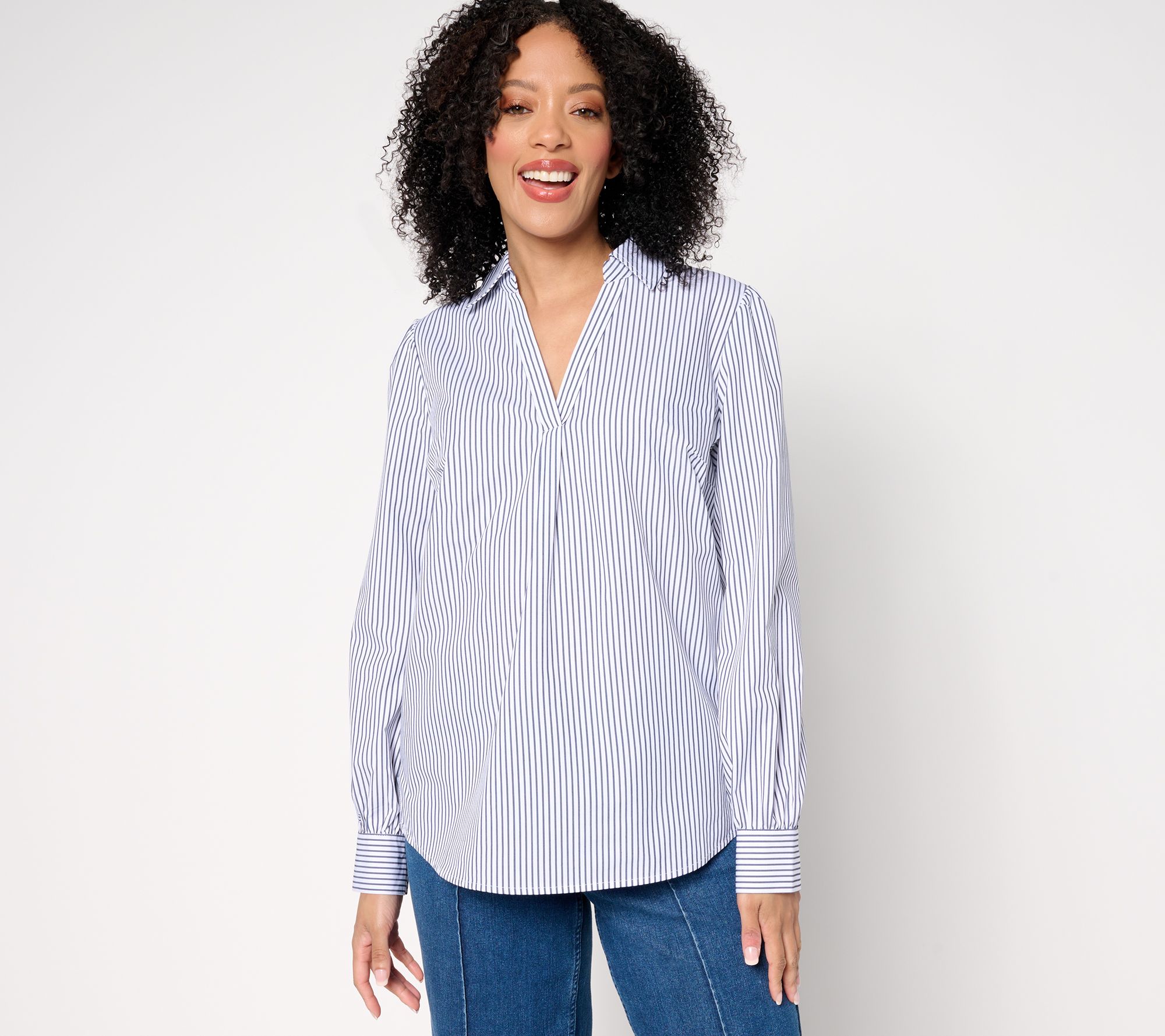 Belle by Kim Gravel Nantucket Mini Stripe Popover Blouse