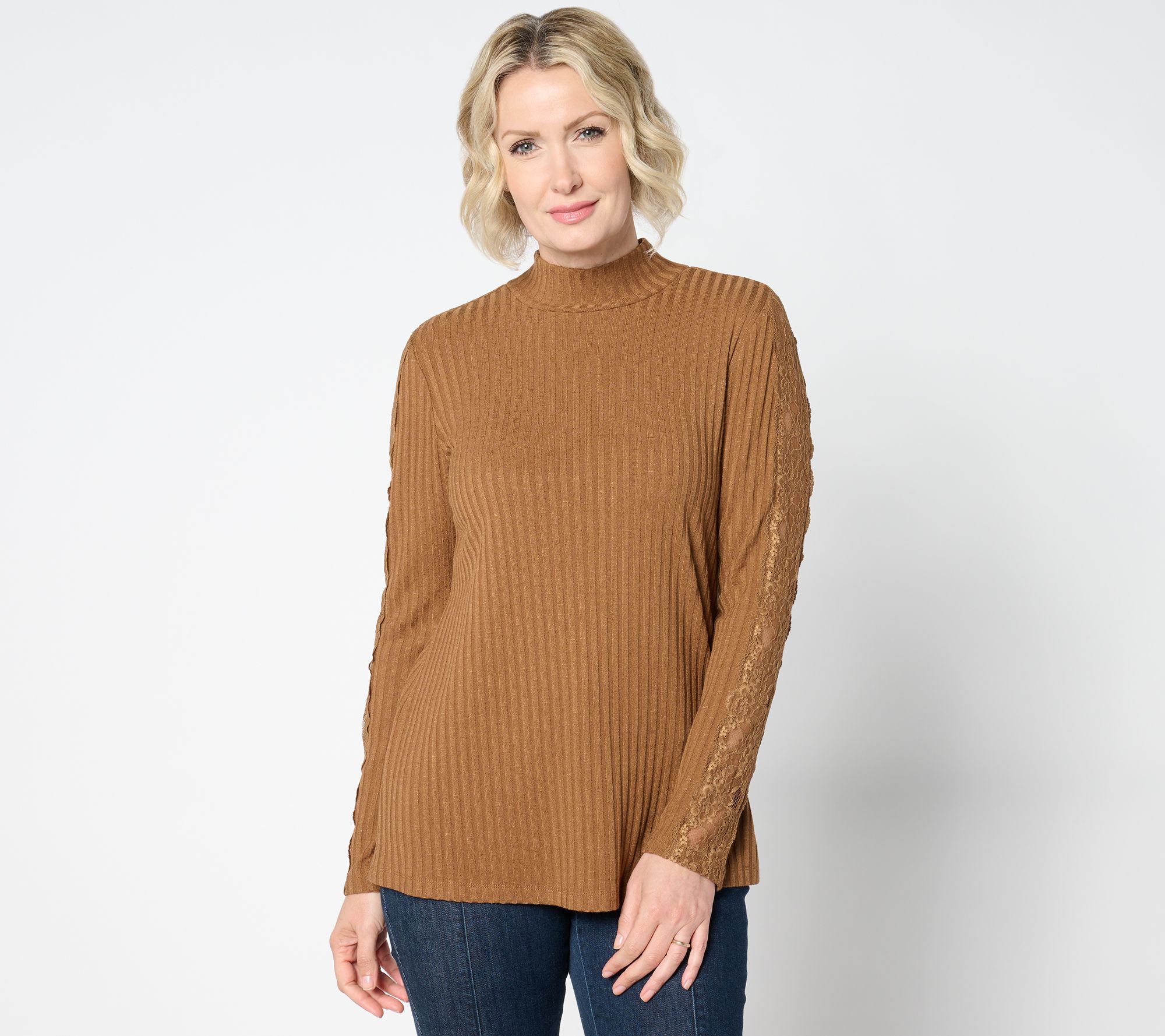 "As Is" Susan Graver Rib Knit Mock Neck Top with Lace Detail