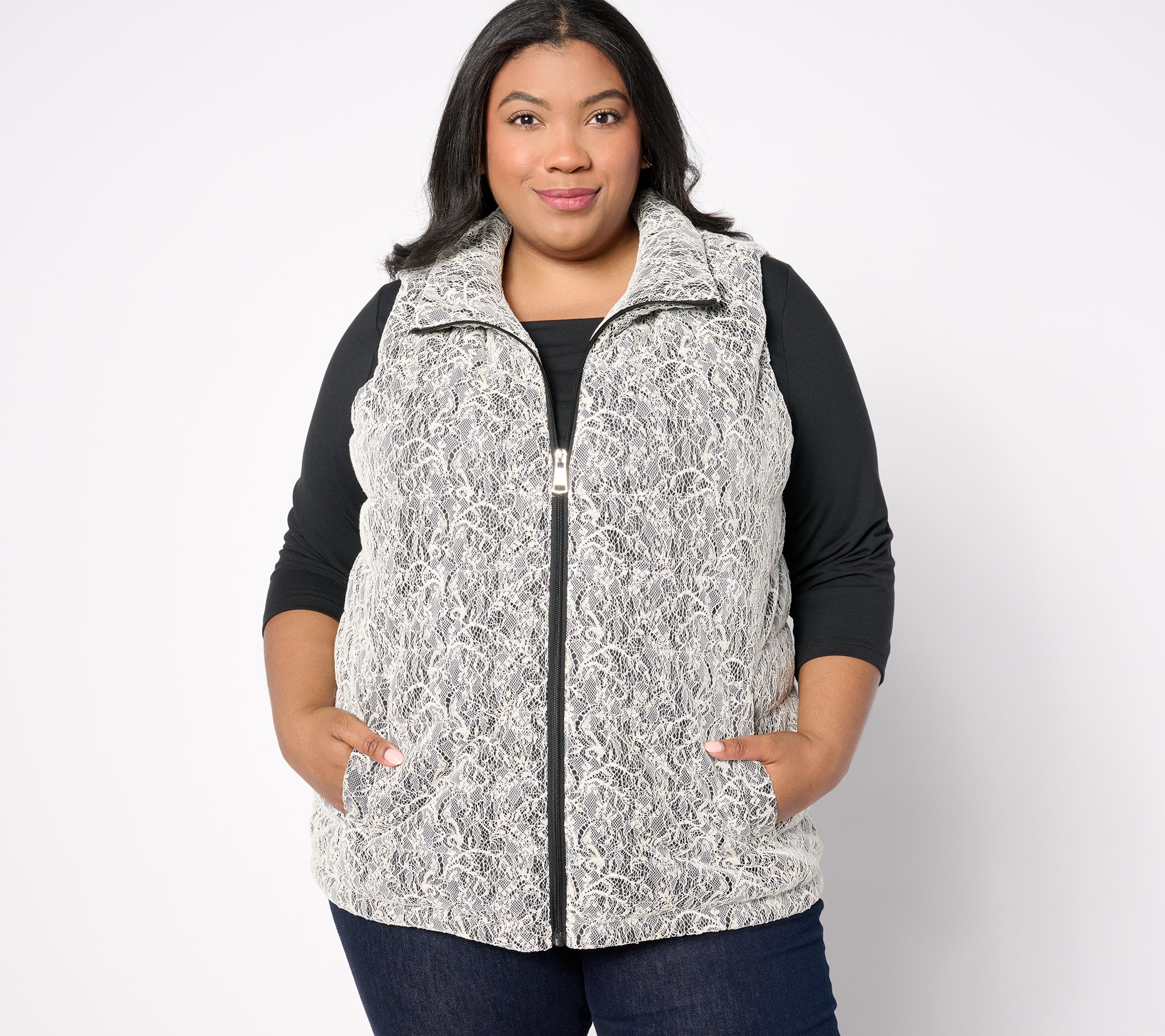 "As Is" Dennis Basso Metallic Lace Puffer Vest