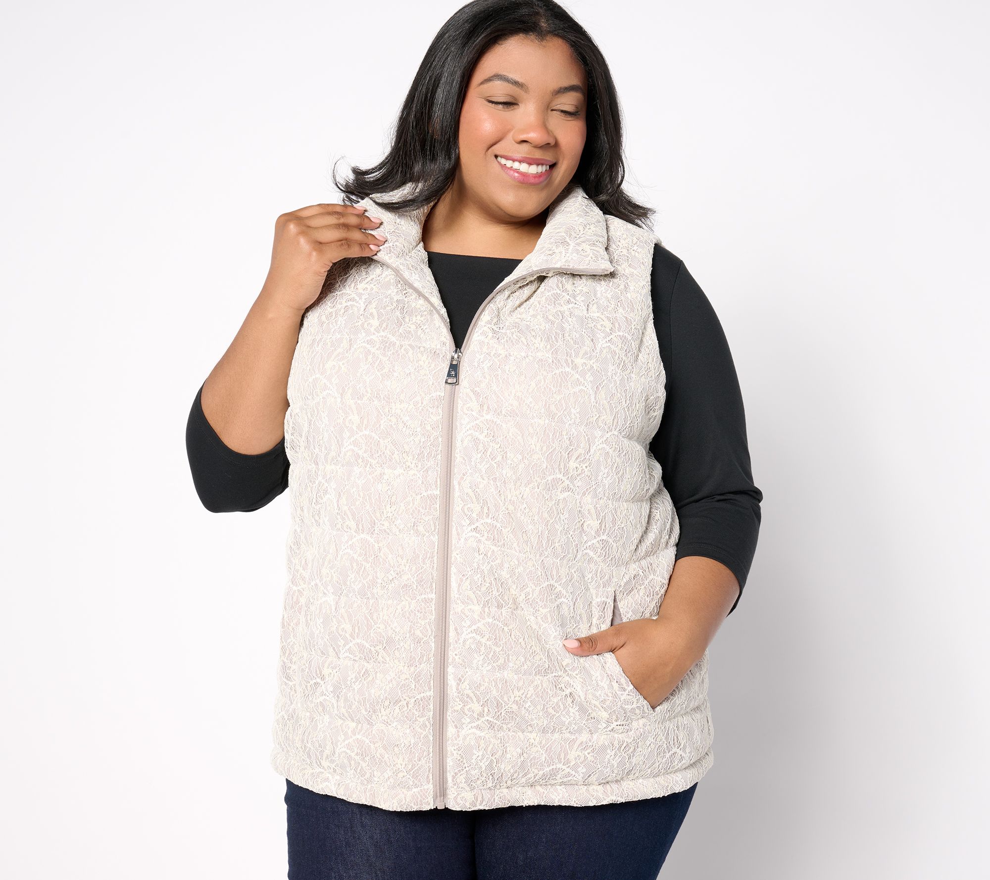 "As Is" Dennis Basso Metallic Lace Puffer Vest