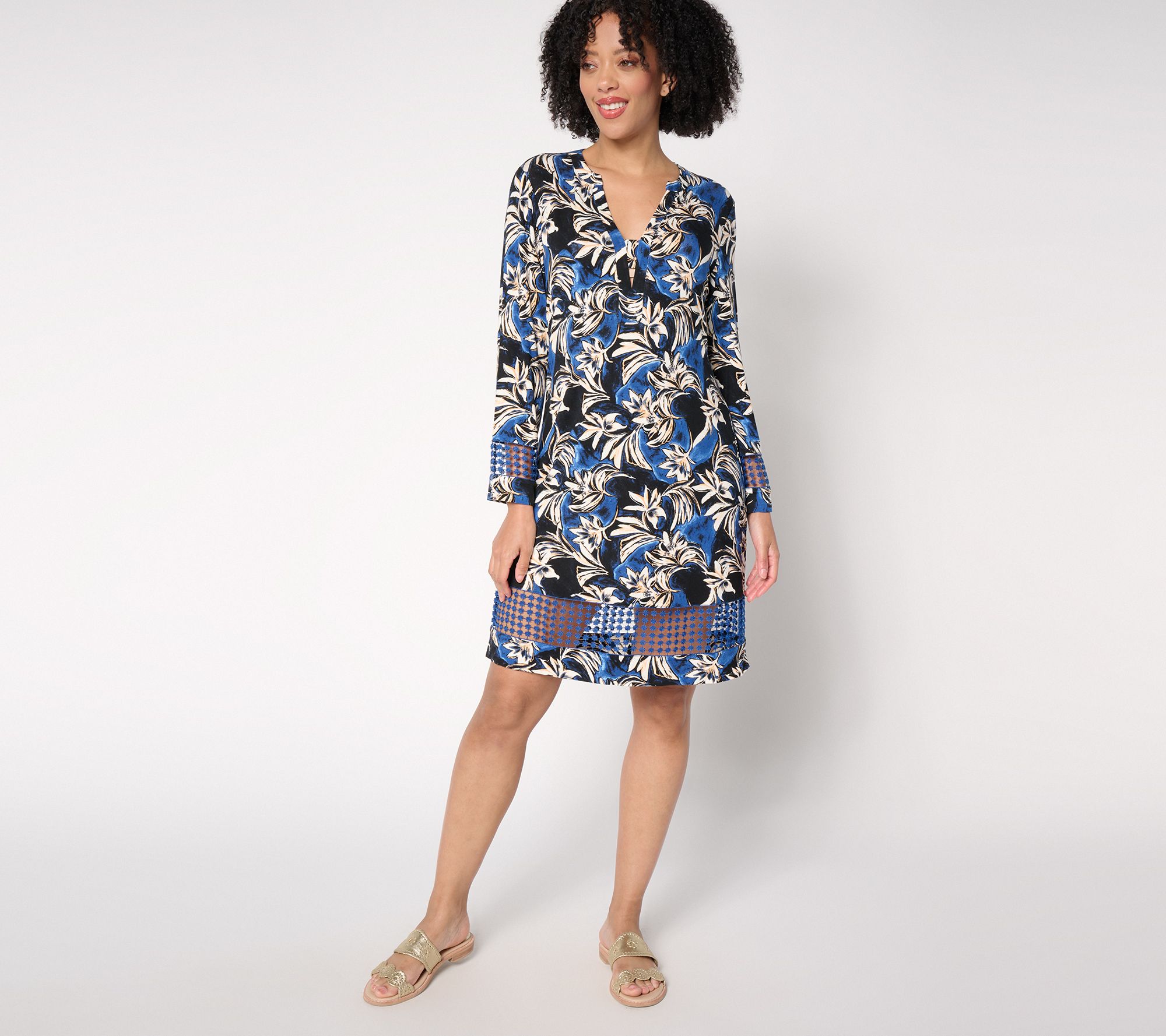Susan Graver Soleil Petite Printed Dress with Lace Trim