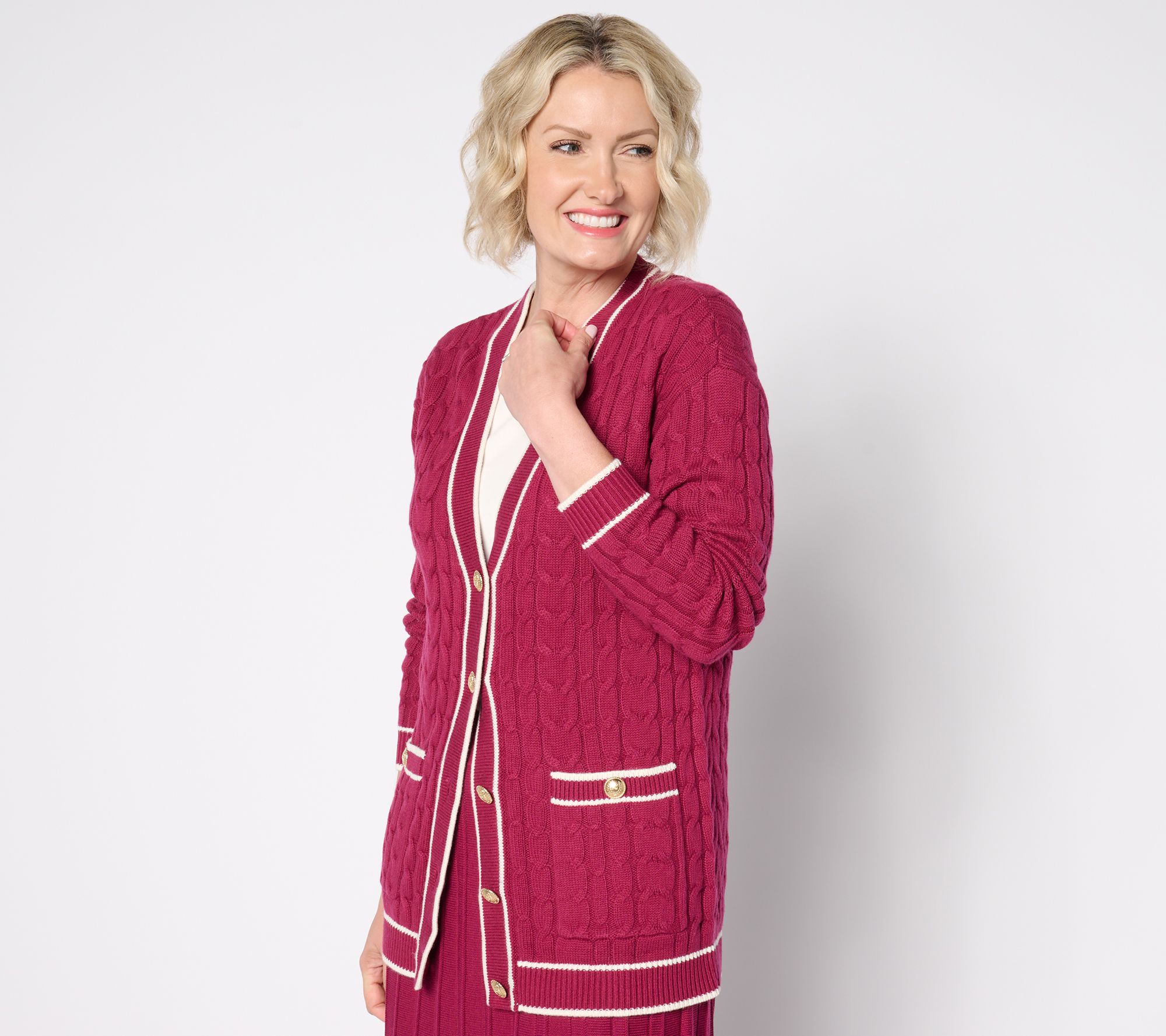 As Is Isaac Mizrahi Live! Petite Iconic Cable Button Cardigan