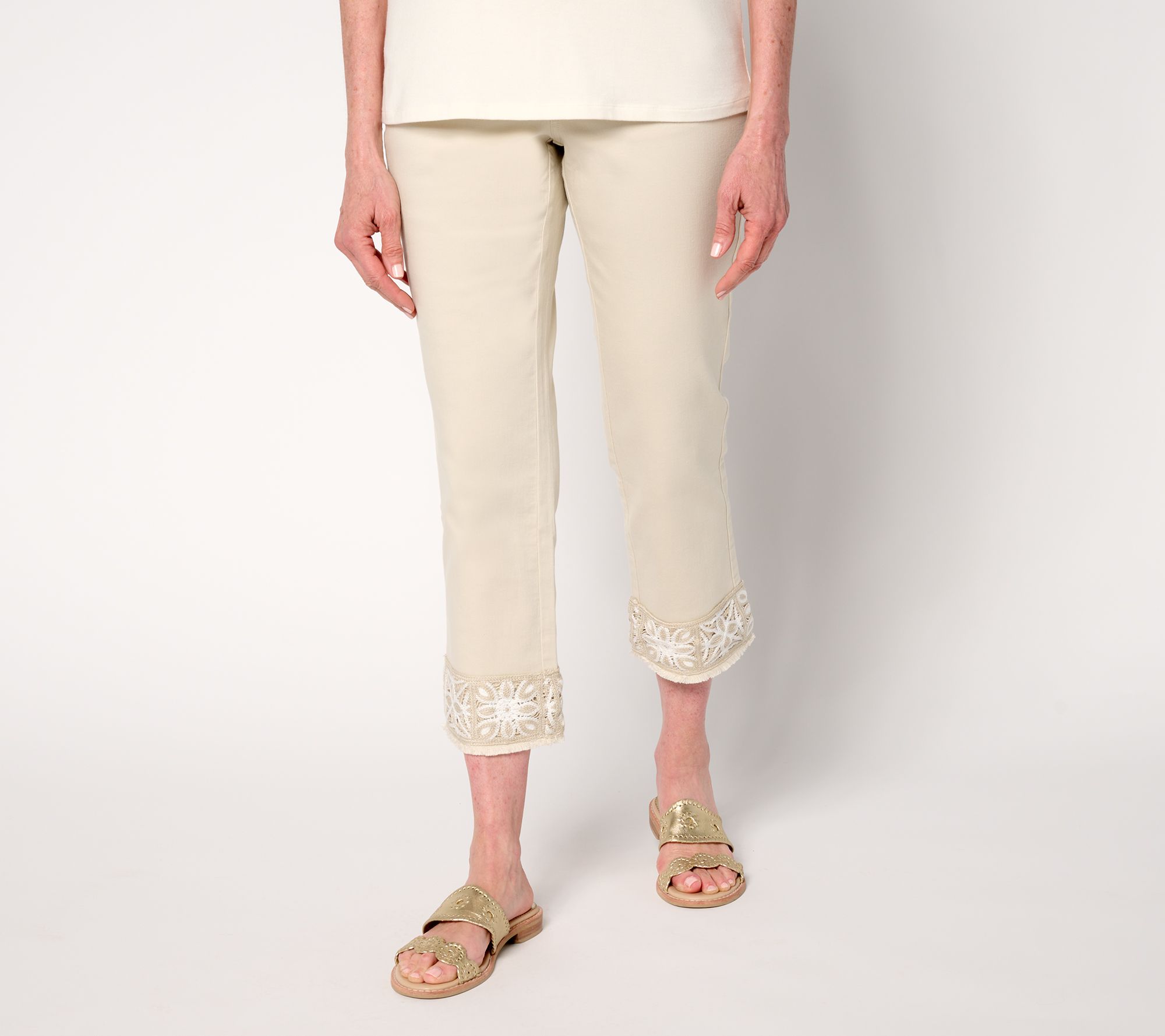 Belle by Kim Gravel Petite TripleLuxe Twill Crochet Cropped Pant