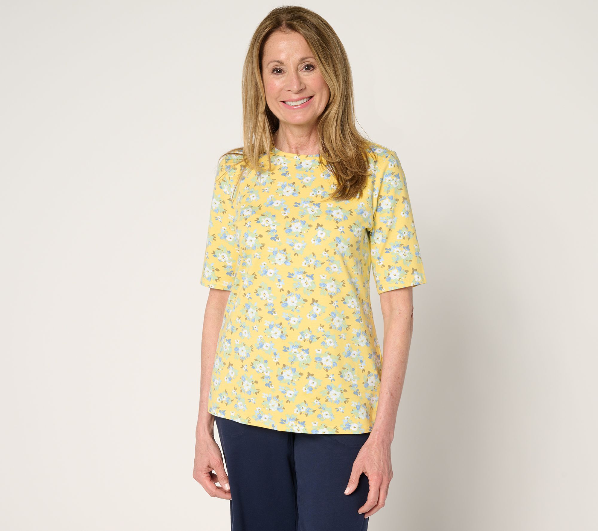 Denim & Co. Printed Favorite Jersey Elbow Sleeve Crew Neck Top