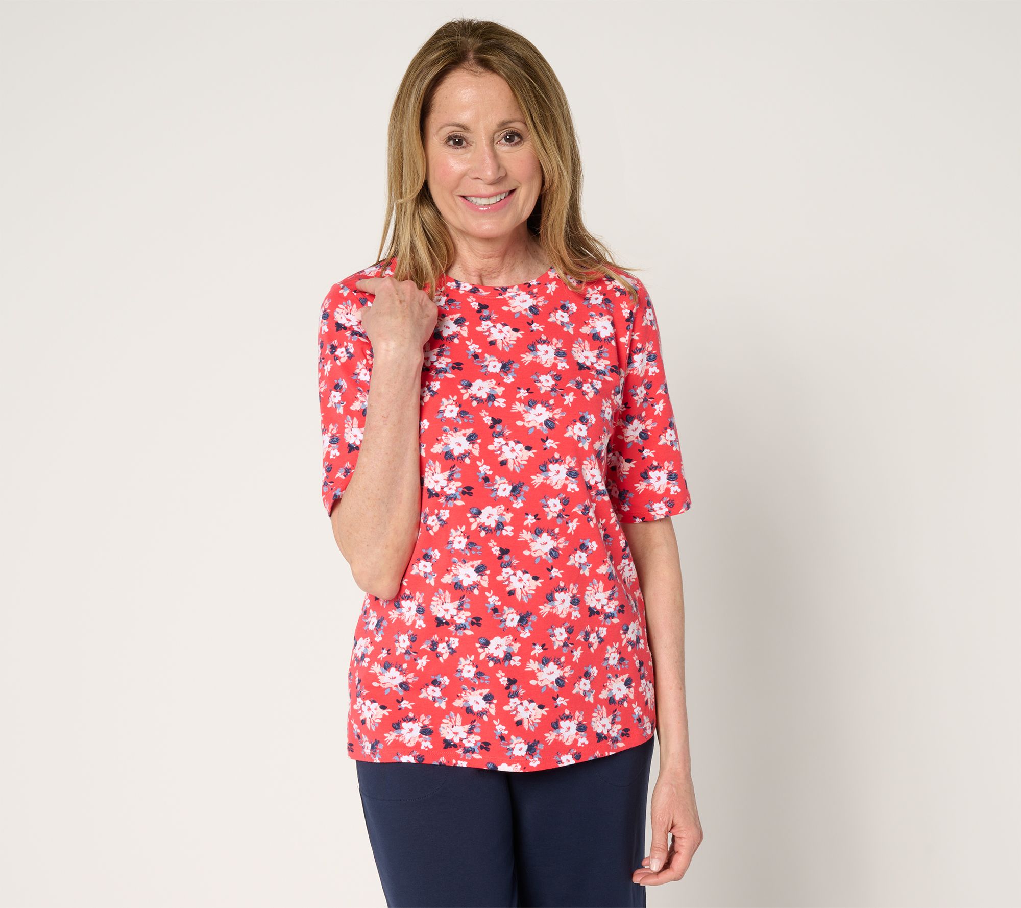 Denim & Co. Printed Favorite Jersey Elbow Sleeve Crew Neck Top