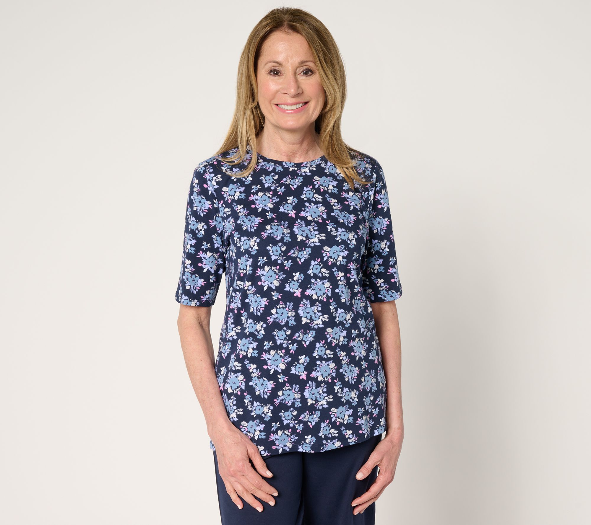 Denim & Co. Printed Favorite Jersey Elbow Sleeve Crew Neck Top