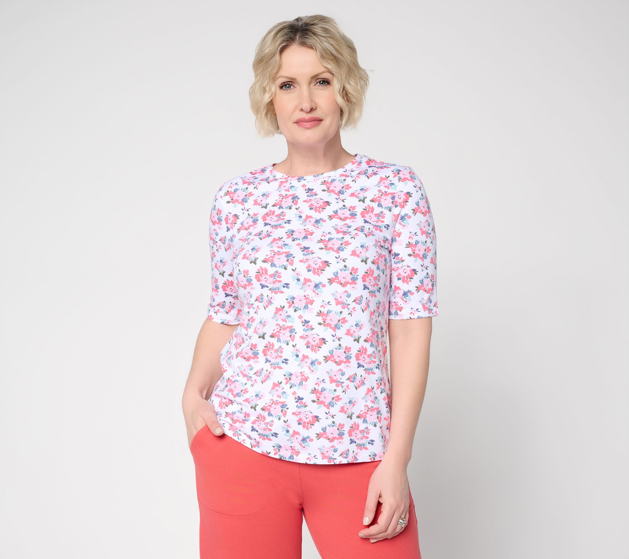 Denim & Co. Printed Favorite Jersey Elbow Sleeve Crew Neck Top