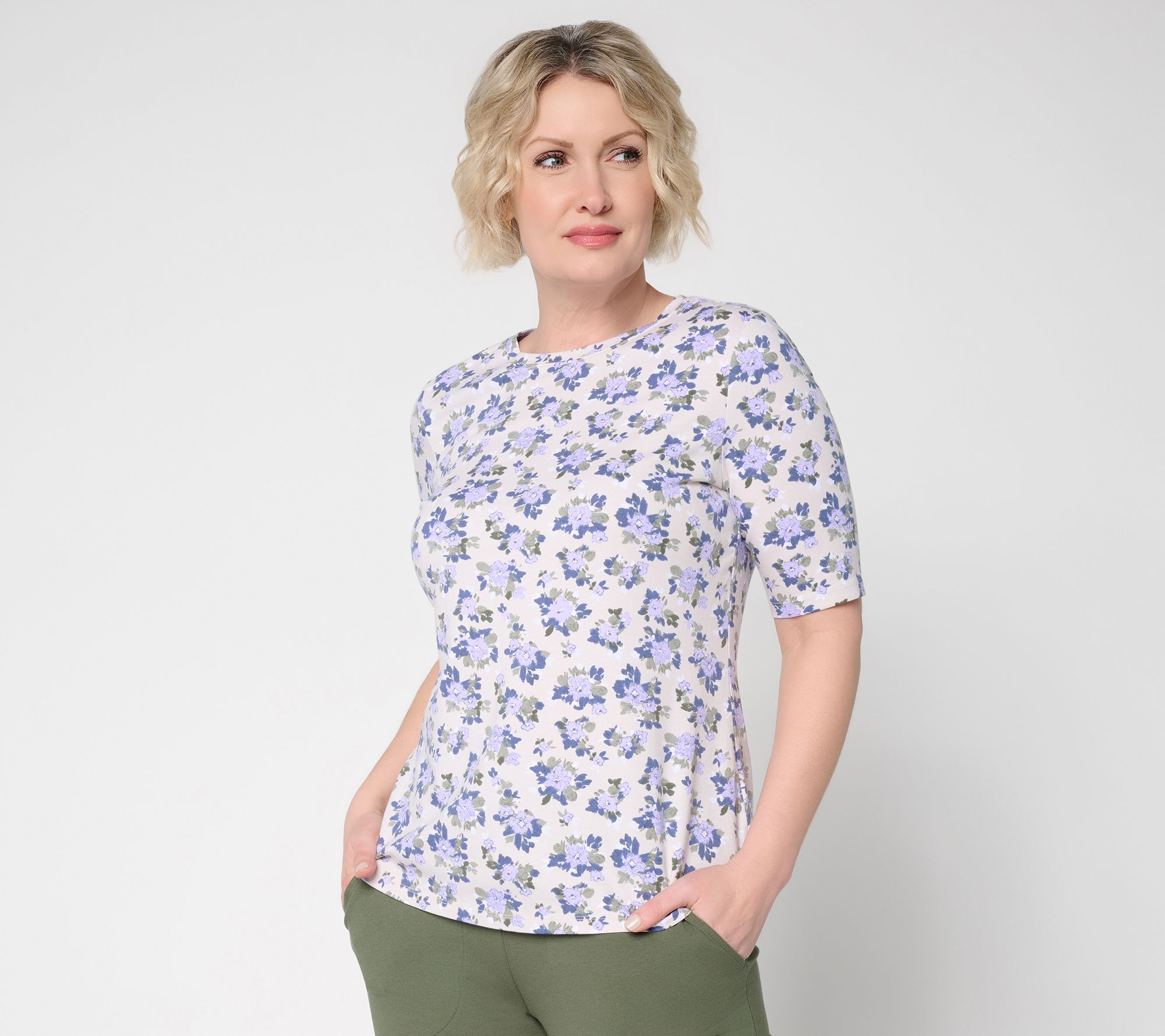 Denim & Co. Printed Favorite Jersey Elbow Sleeve Crew Neck Top