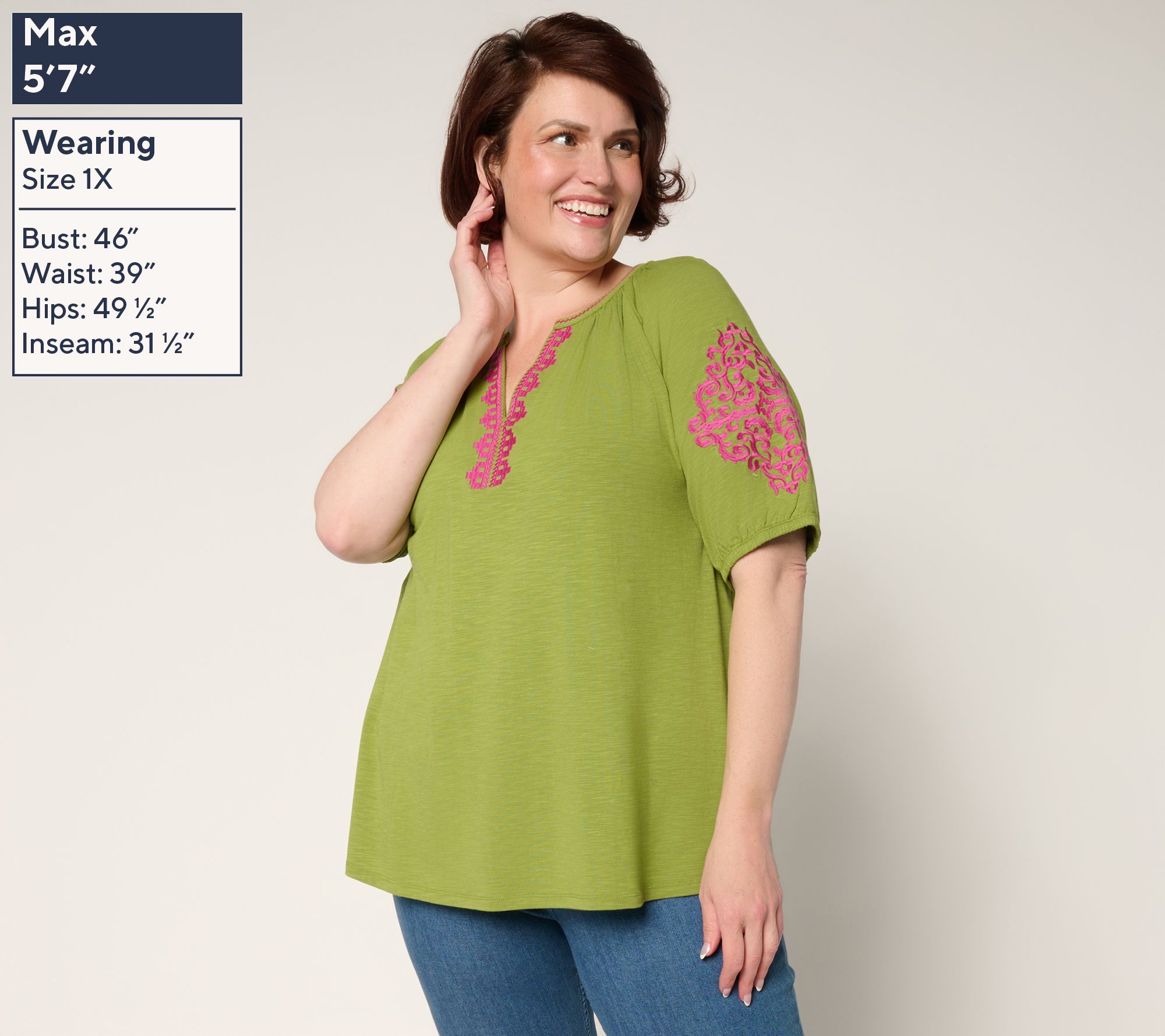 Belle Boho by Kim Gravel Slub Knit Elbow Sleeve Embroidered