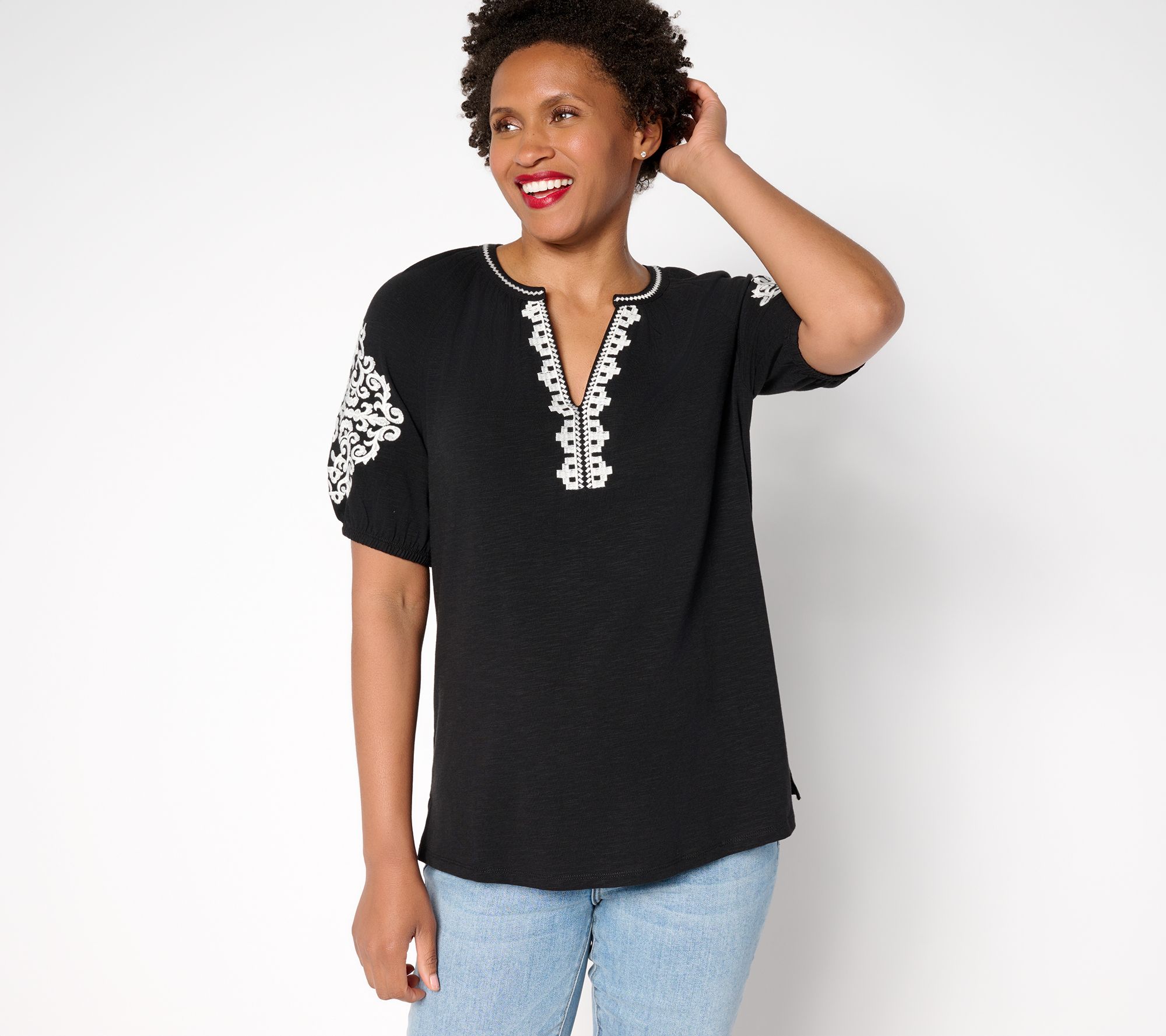 Belle Boho by Kim Gravel Slub Knit Elbow Sleeve Embroidered Top