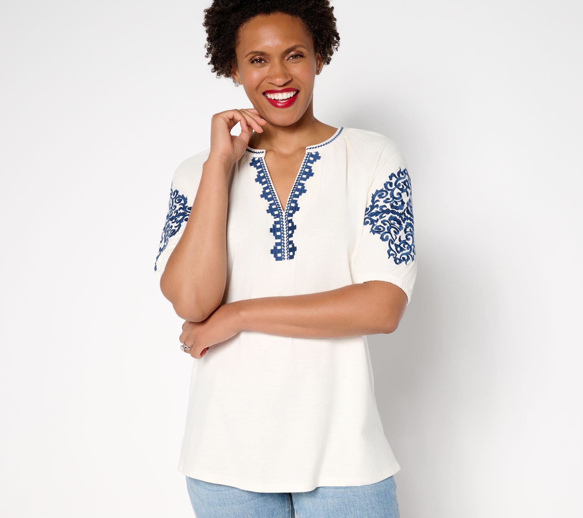 Belle Boho by Kim Gravel Slub Knit Elbow Sleeve Embroidered Top