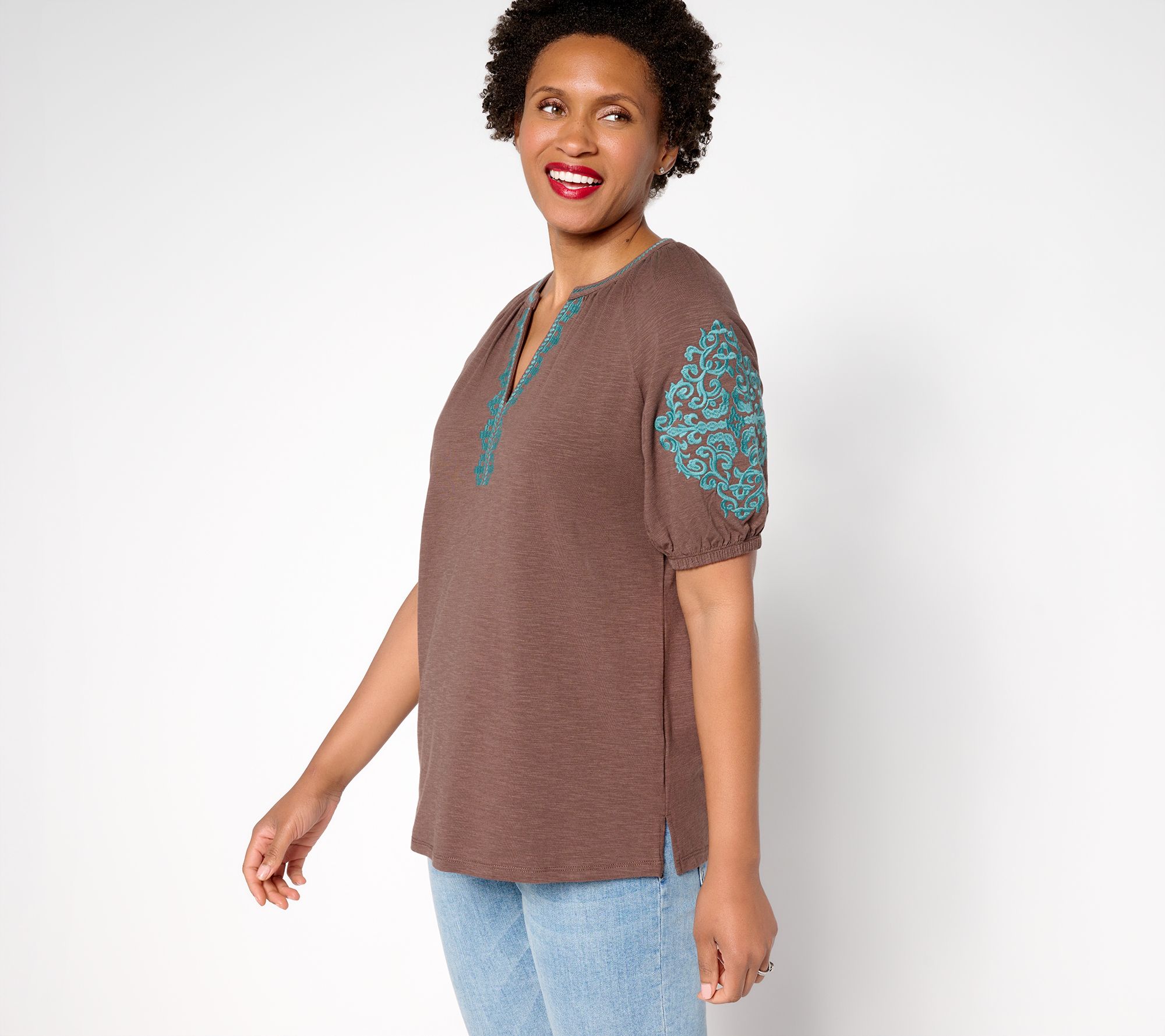 Belle Boho by Kim Gravel Slub Knit Elbow Sleeve Embroidered Top