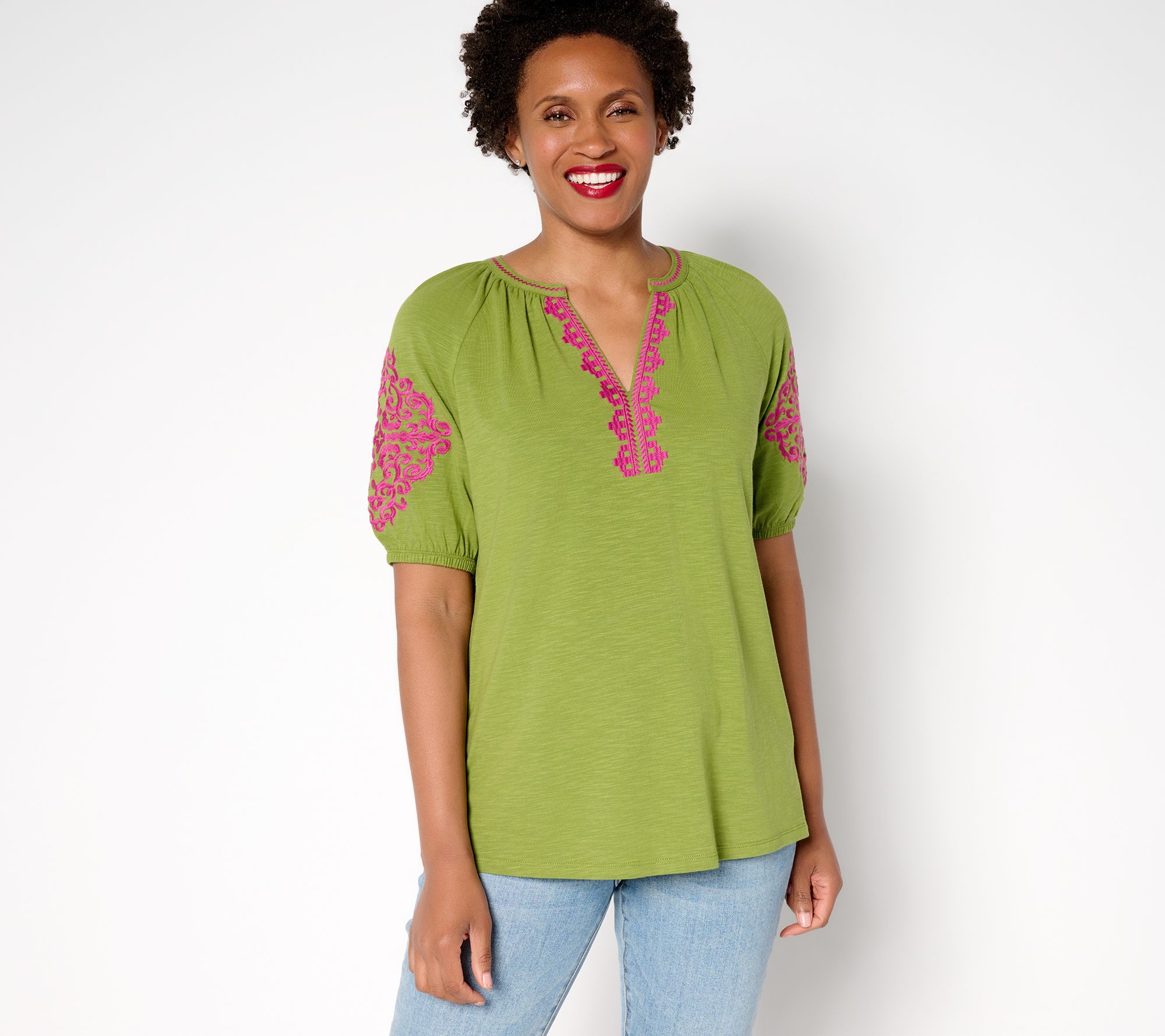 Belle Boho by Kim Gravel Slub Knit Elbow Sleeve Embroidered Top