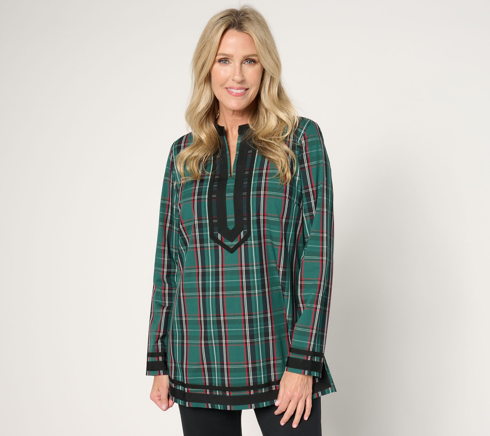"As Is" Jingle Belles by Kim Gravel Tartan Plaid Black Border Tunic
