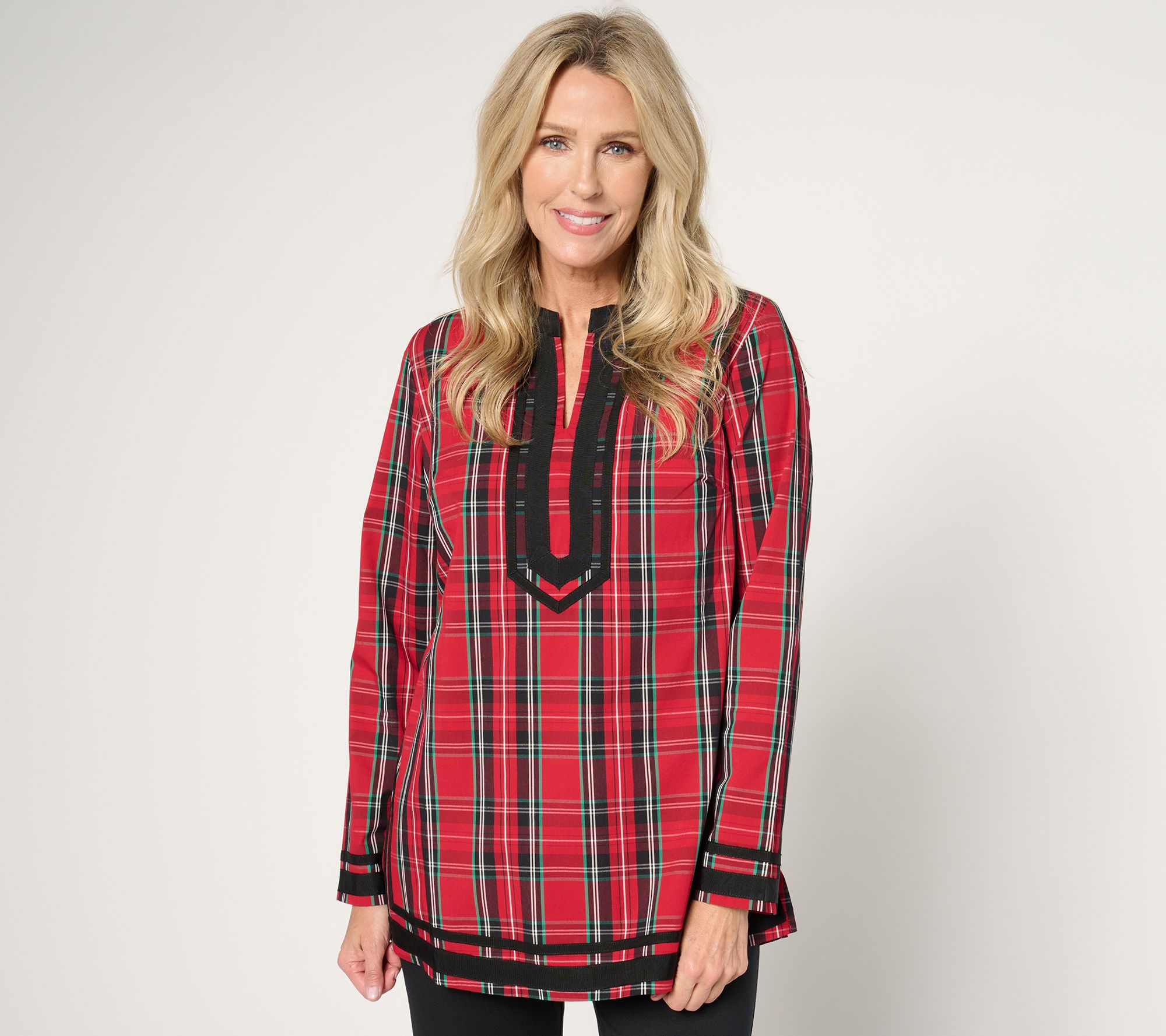 "As Is" Jingle Belles by Kim Gravel Tartan Plaid Black Border Tunic