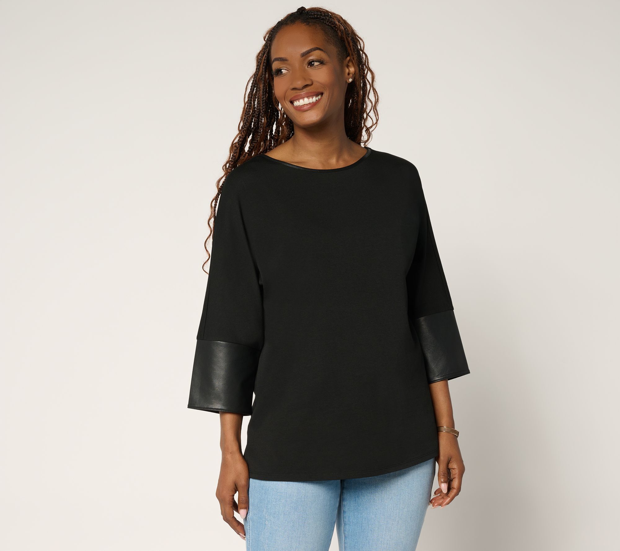 Belle by Kim Gravel TripleLuxe Knit Top with Faux Leather Cuffs