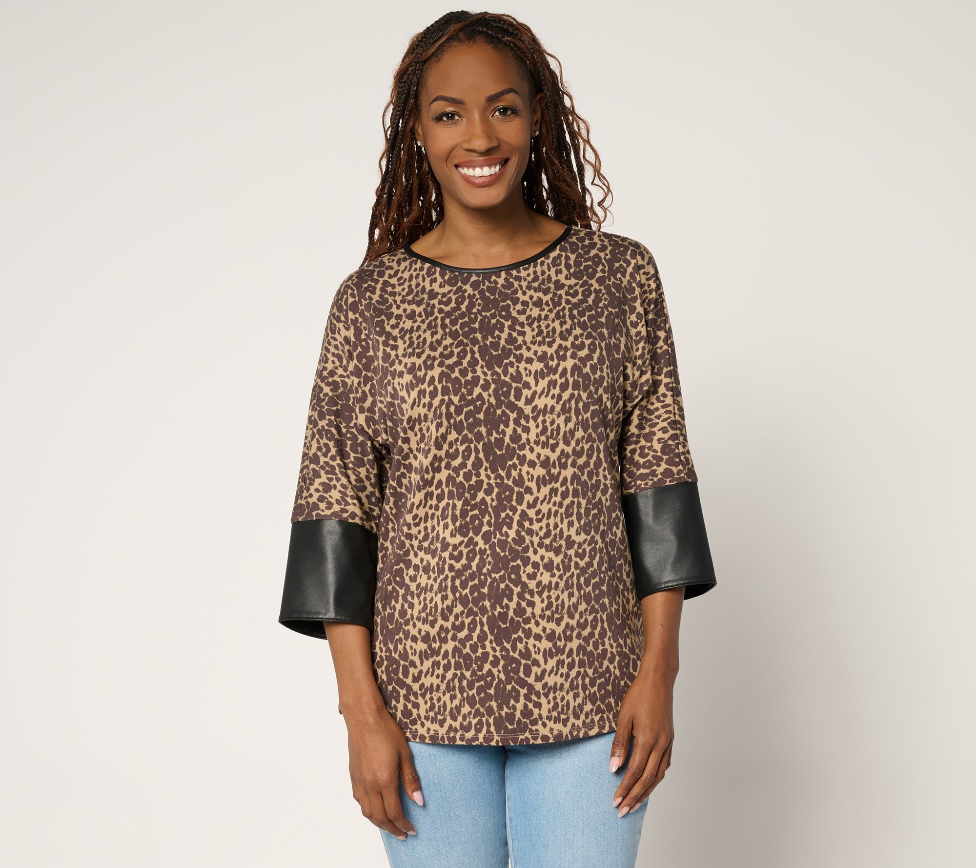 Belle by Kim Gravel TripleLuxe Knit Top with Faux Leather Cuffs
