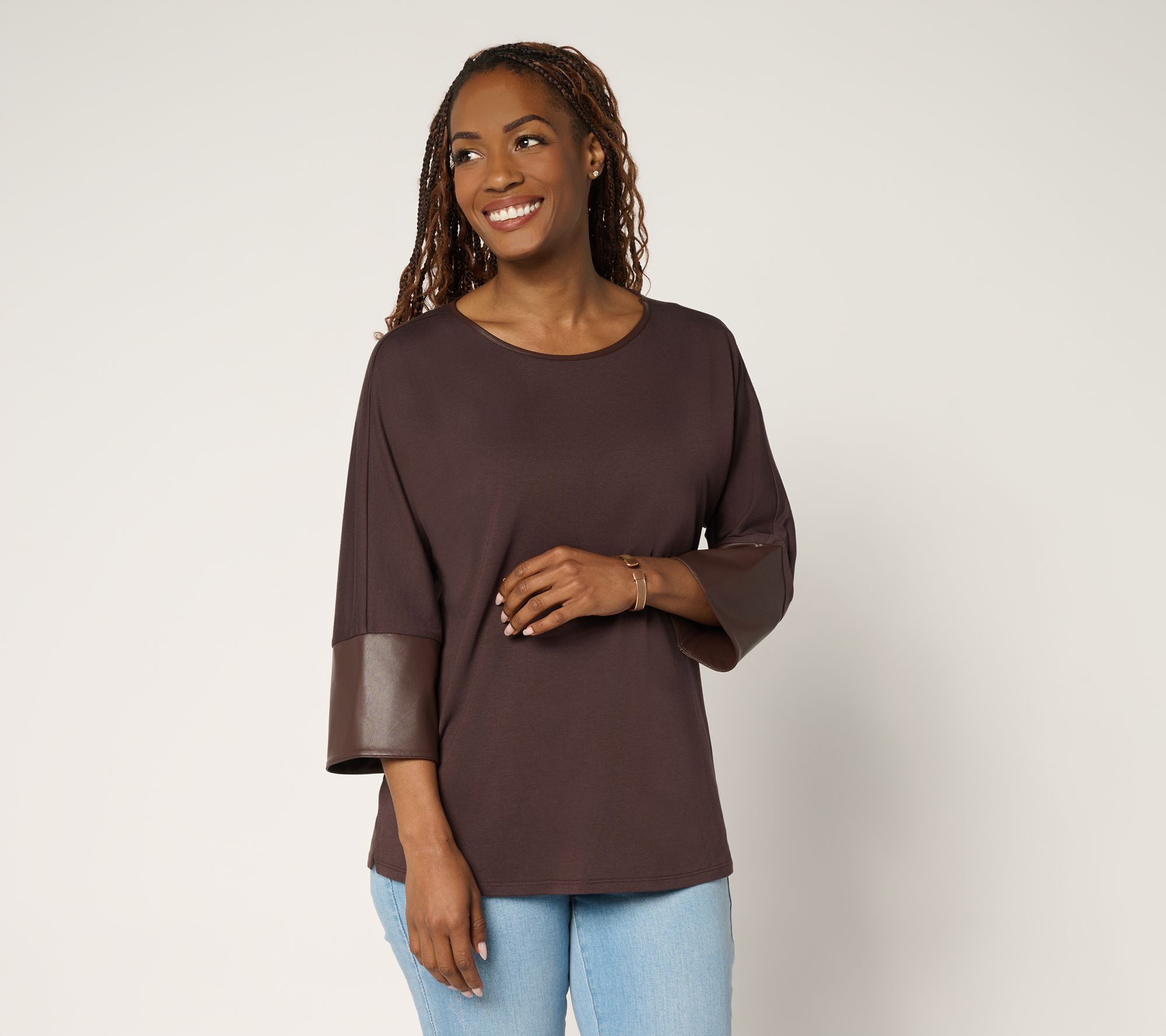 Belle by Kim Gravel TripleLuxe Knit Top with Faux Leather Cuffs