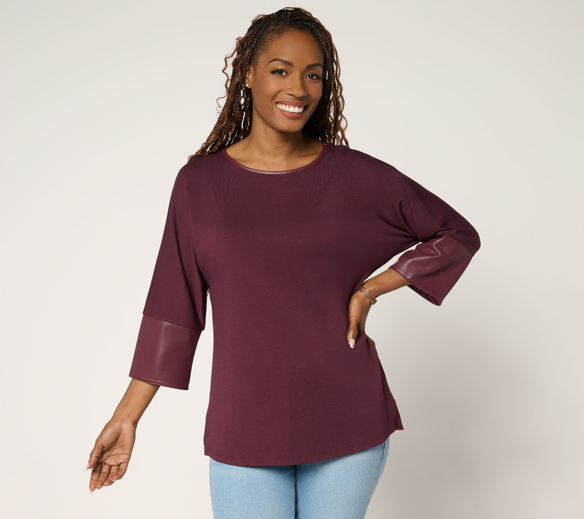 Belle by Kim Gravel TripleLuxe Knit Top with Faux Leather Cuffs