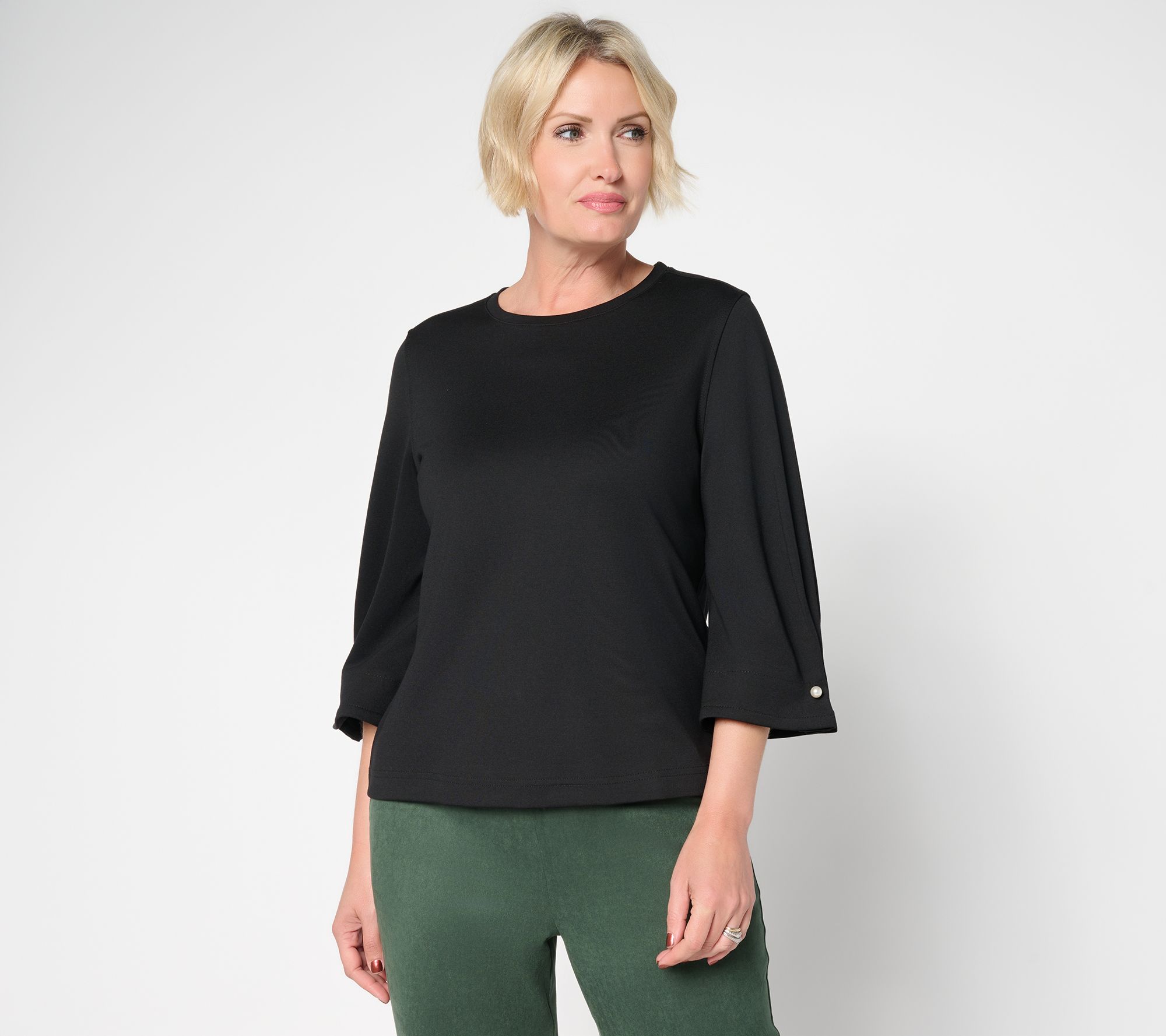 by Stacy London Ponte Crew Neck Top with Pearl Trim